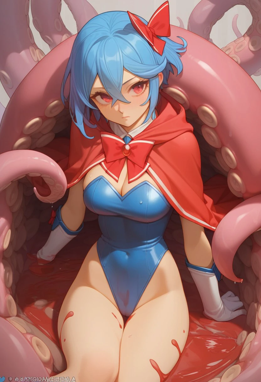 score_9, score_8_up, score_7_up,
magical_girl_ai
kagano_ai
1girl
blue leotard, extreme closeup on her face,
an anime female character with blood and a cape dress staring at the viewer,, solo, red eyes, blue hair, blood, bow, big red hair bow, short hair, tentacle bulge under her leotard,