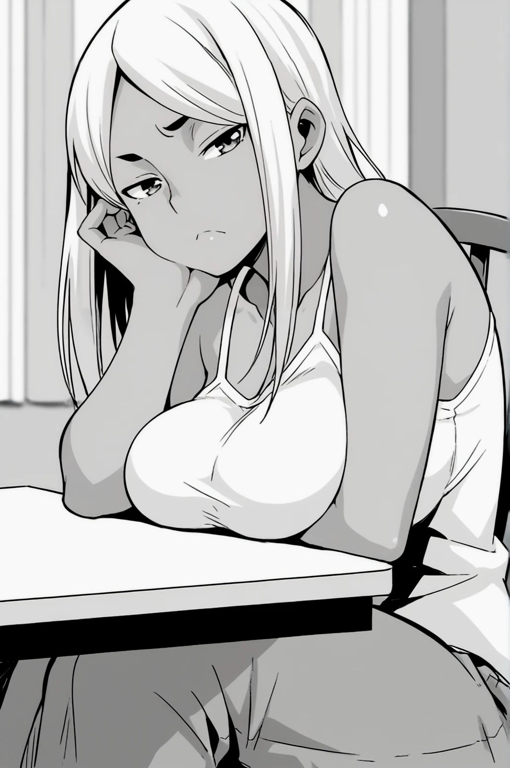 score_9, score_8_up, score_7_up, monochrome, manga_source, best background, detailed background, manga, grayscale  Nozomi, solo, head rest, breast rest, seductive body, indoors, chair, sitting, bored,  <lora:JN_Nozomi:0.8>