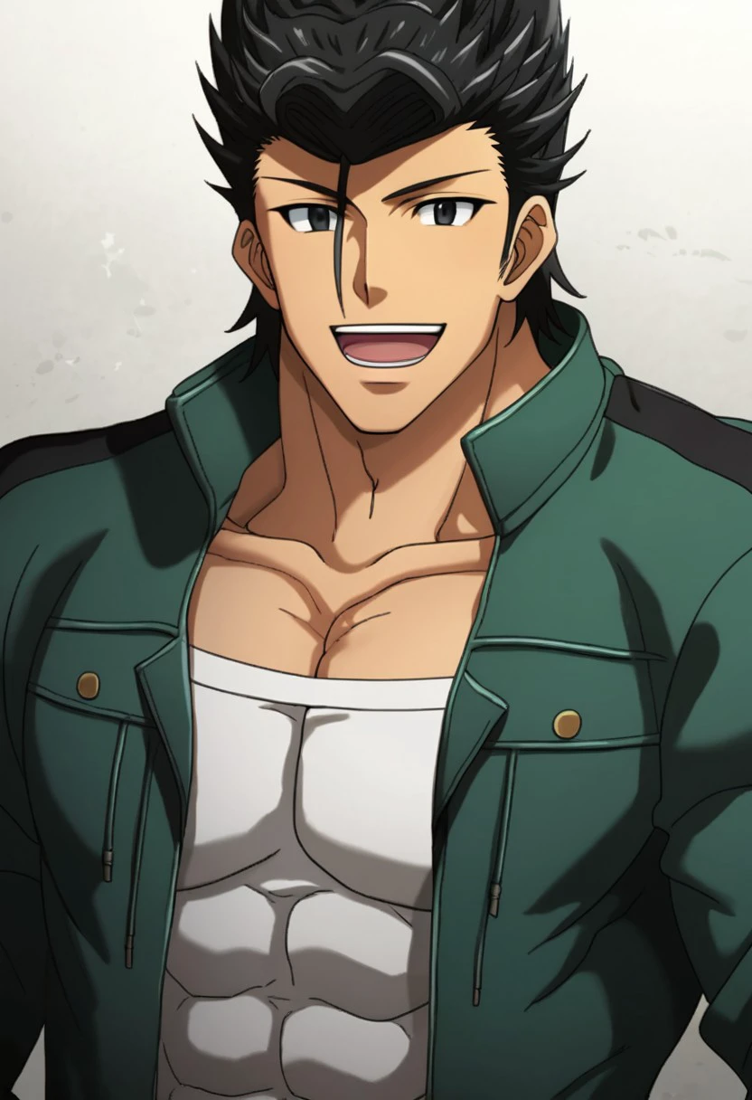 score_9, 1mypts2, solo, smile, open mouth, black hair, 1boy, jacket, upper body, male focus, muscular, pompadour, anime coloring