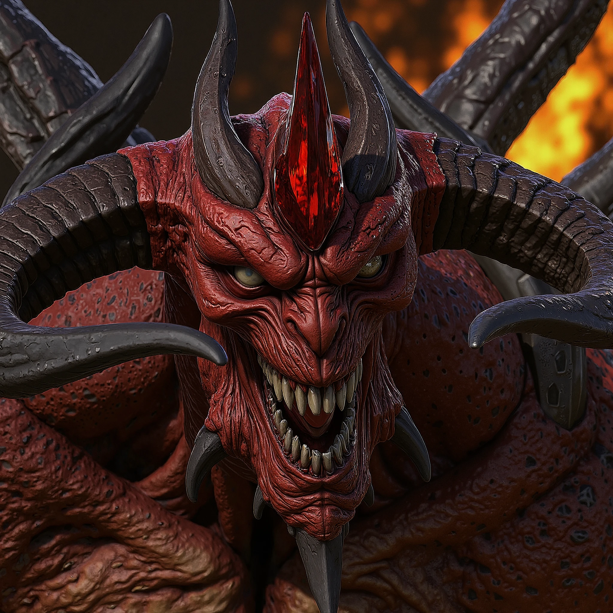 Breathtaking photography of DiabloII , dark and scary, demon, red crystal on forehead, pointy and sharp teeth, extreme face close-up, flame in background, (perfectly sharp:1.3), realistic textures, (deep focus, focus on background:1.5), 8k uhd, dslr, ultra high quality image, film grain, Fujifilm XT3