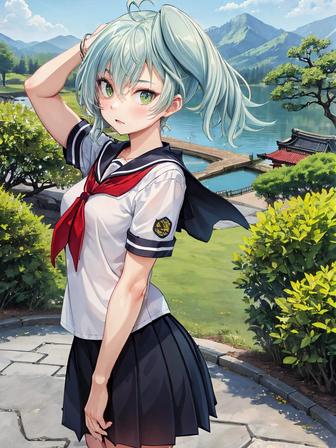 <lora:Kobayakawa_Takakage_ONnY_0R:0.7>
kobayakawatakakage, green hair, short hair, side ponytail, green eyes
serafuku, school uniform, sailor collar, white shirt, red neckerchief, black skirt
masterpiece, best quality, ultra-detailed, detailed, detailed skin, absurdres, 8k, digital art
1girl, solo, facing viewer, standing, looking at viewer, standing, cowboy shot, blush
(outdoors, feudal japan, village, rural, lake, mountain, bonsai, castle, tree, grass, bush, road, stone floor)