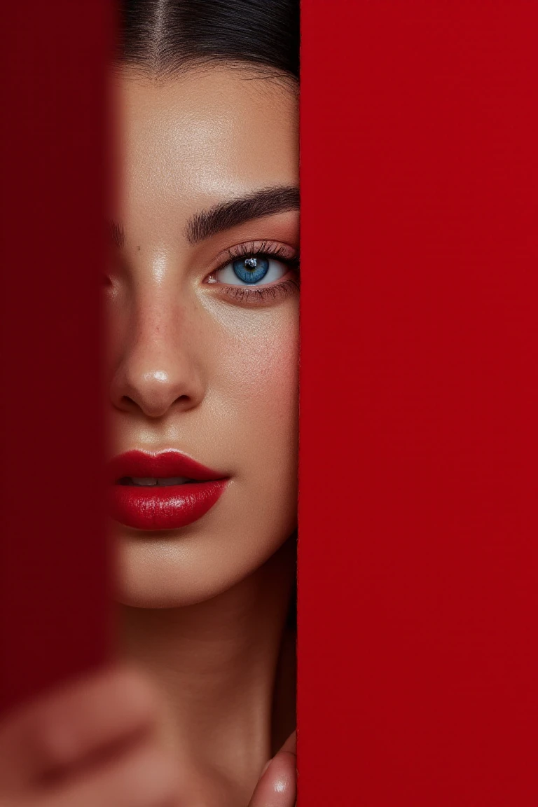 The image is a high-resolution fine-art photography  of a woman's face,rich skin. taken in a professional studio setting,red and black background,analog photo,((film grain)),((skin texture:1.4)) She stands in a softly lit,minimalist room with warm shadows,She has an Asian ethnicity,with a smooth,flawless complexion and striking features. dramatic winged eyeliner that extends outward in a sharp,precise line. Her eyelashes are long and voluminous,enhanced with mascara. Her complexion has a radiant,glowing sheen,natural skin health. Her skin is flawless,with a smooth,slightly dewy texture and a natural,scattering of freckles across her cheeks and forehead,which contrast sharply with her porcelain skin. Her skin is smooth and glowing,with a subtle sheen that suggests makeup or natural highlights. Her eyebrows are well-groomed and thick,accentuating her piercing blue eyes.a striking shade of honey brown,accentuated by long,thick,dark eyelashes.,
makeup,skin texture,<lora:TW_Makeup:1>,red lipstick,<lora:N0r_Gal_Ritchie:1>,N0r_Gal_Ritchie,