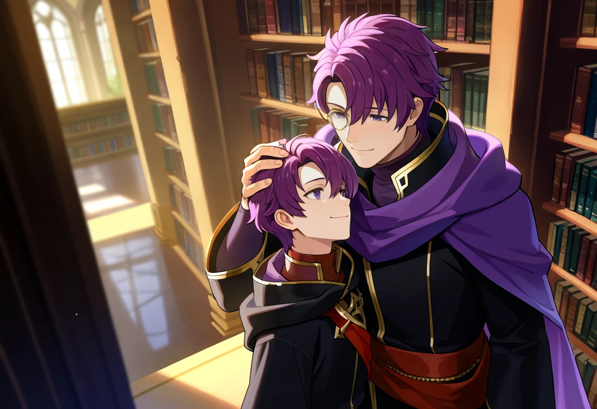 masterpiece, best quality, 2boy, male focus, father and son, hugh (fire emblem),  black robe, purple cape, purple eyes, purple hair, monocle, red sash, gold trim, bangs,  <lora:canas-ilxl-t1:1>,  scenery,   library, smile, hand on another's head,