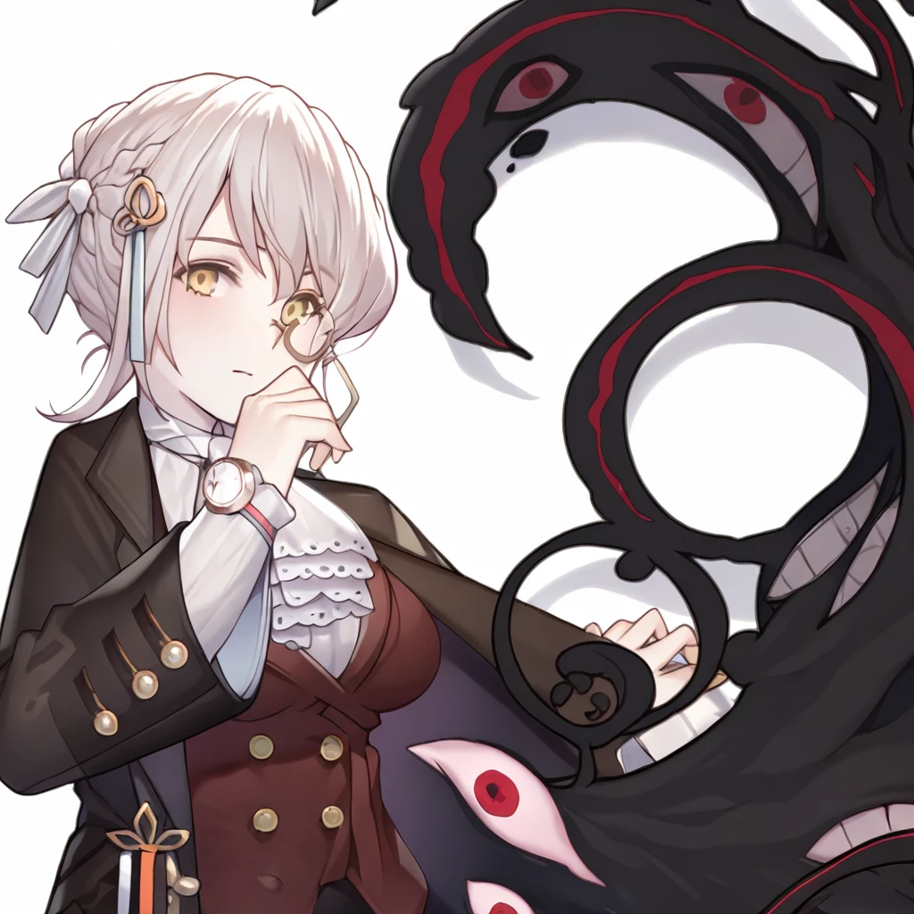 edel_meitner, monocle, 1girl, yellow eyes, white background, looking at viewer, watch, long sleeves, vest, braid, solo, eldritch abomination, simple background, coat, ascot, tentacles, white shirt, hair ornament, shirt, white hair, black coat, brown vest, closed mouth, white ascot, defaultoutfit<lora:EdelMeitnerIllustriousXL:1>, (masterpiece),(best quality),(ultra-detailed),(best illustration),(best shadow),(absurdres),(detailed background),(very aesthetic),