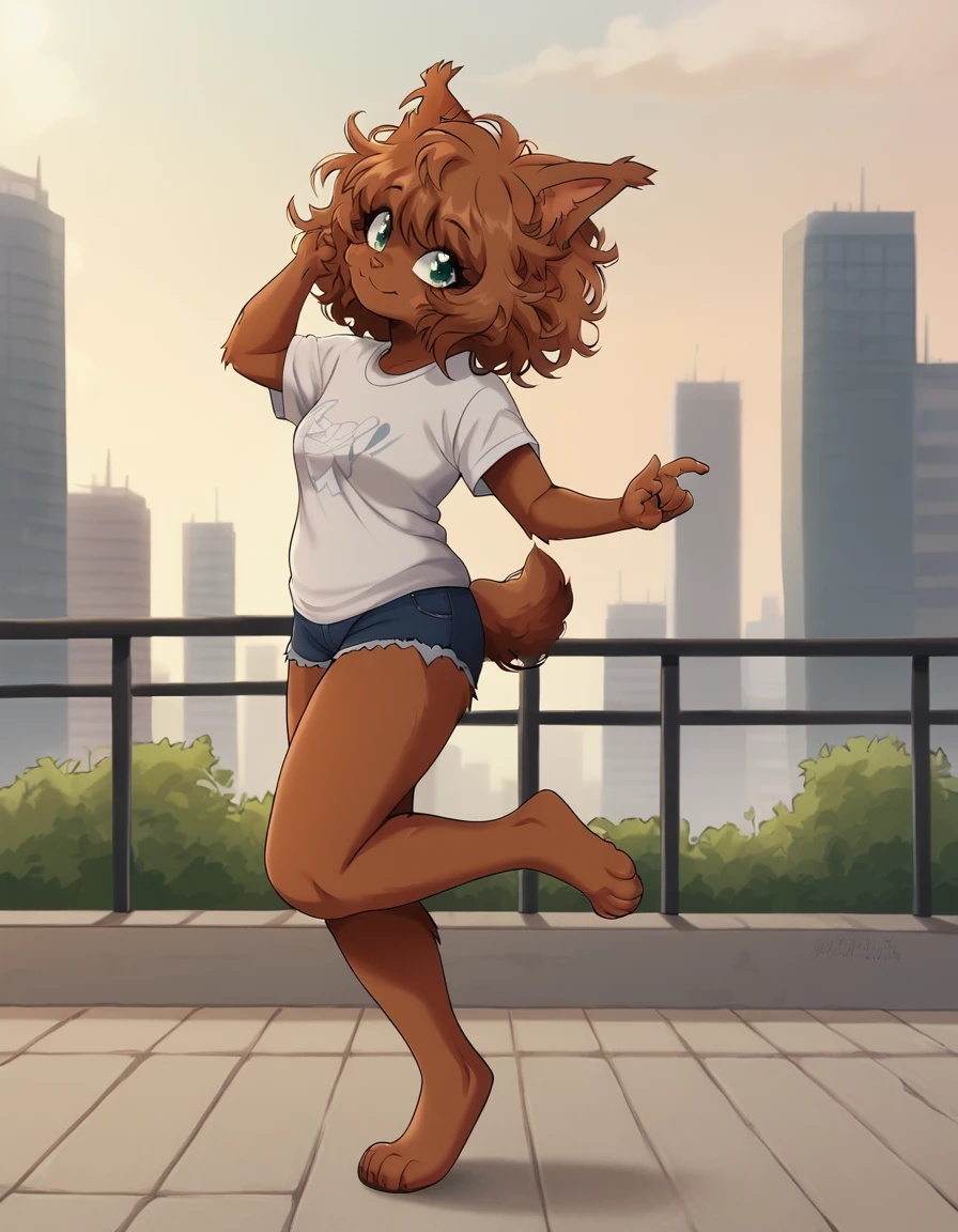 outdoors,city,
Aika,1girl,solo,dog girl,brown hair,animal ears,furry female,dark-skinned female,green eyes,tail,short hair,animal nose,dog ears,messy hair,dog tail,bangs,
full body,smile,long eyelashes,
denim shorts, t-shirt, pose,
<lora:Aika_v01_PDXL:1>,