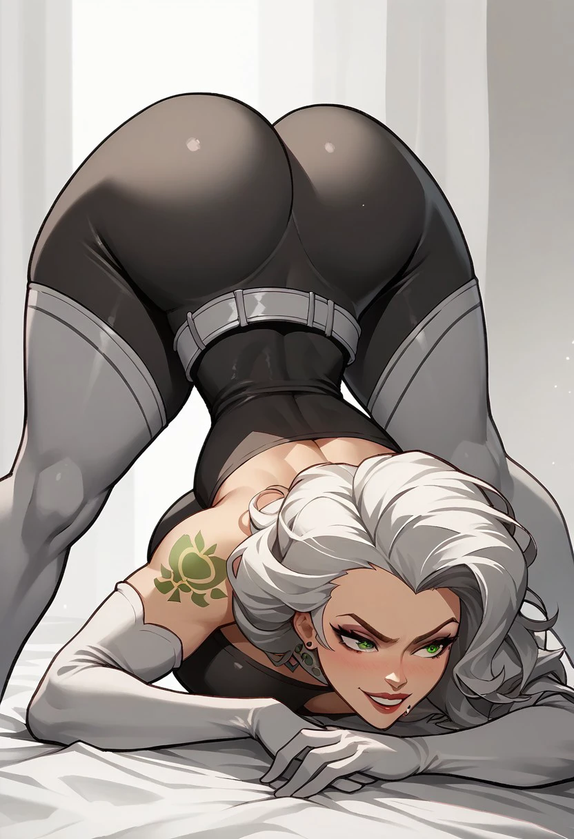 Score_9, score_8_up, score_7_up, best quality, 
Dawna Phantom, 1girl, white hair, green eyes, green tattoo,black bodysuit, elbow gloves, thighhigh boots, belt, white choker, green tattoo,
jack-o'_challenge from behind, 
<lora:add-detail-xl:-1>