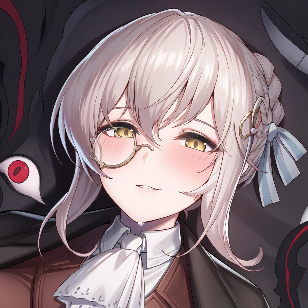 edel_meitner, 1girl, solo, monocles, seductive smile, yellow eyes, blush, braid, bangs, parted lips, grey hair, hair ribbon, ribbon, close-up, lying, on back, eldritch abomination, vest, ascot, coat, white shirt, brown vest, black coat, jacket, defaultoutfit,  <lora:EdelMeitnerIllustriousXL:1>, (masterpiece),(best quality),(ultra-detailed),(best illustration),(best shadow),(absurdres),(detailed background),(very aesthetic),