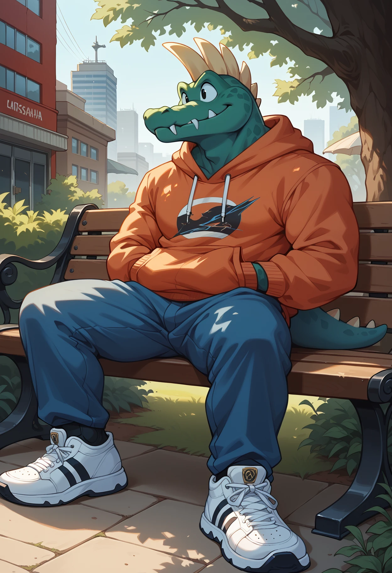 zPDXL3, score_9, score_8_up, score_7_up, detailed face, detailed body, detailed background, perfect anatomy, masterpiece, high quality, best quality, outside, city, park BREAK krusha, spiky teeth, anthro, reptile, crocodile, black eyes, blue skin, muscular, closed mouth, hoodie, sneakers, hand in pocket, full-length portrait, on bench, lying <lora:Krusha_DonkeyKong_V1:0.9>