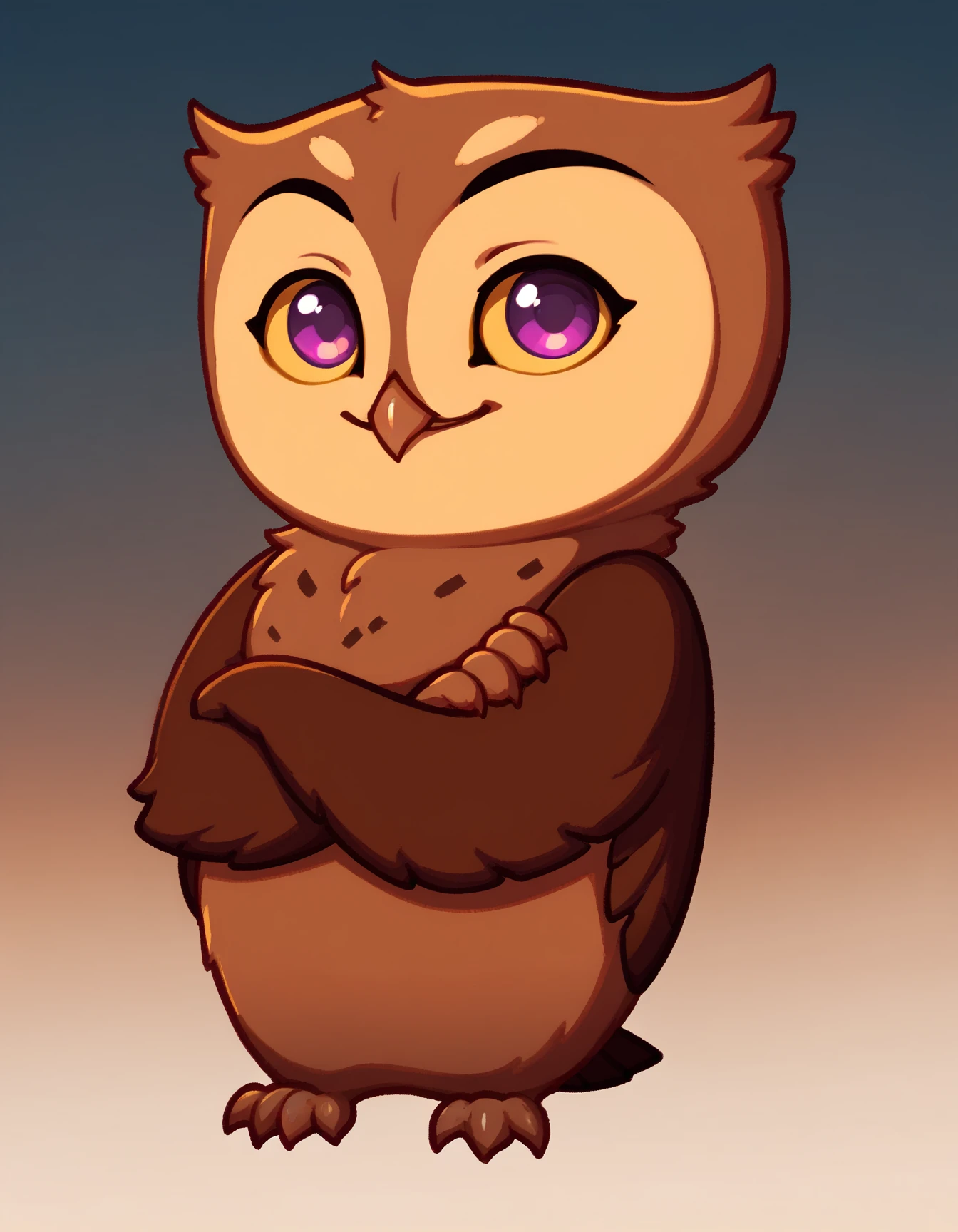 score_9, score_8_up, score_7_up, score_6_up, owl, chibi
Fil, vibrant purple eyes, yellow sclera, brown feathers, gradient background, looking at viewer, crossed arms-wings, smile
<lora:Fil_XL:0.9>