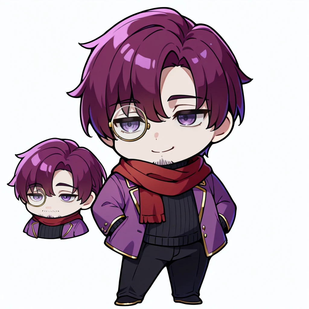 masterpiece, best quality,  1boy, male focus, solo ,  black sweater, purple jacket, purple eyes, purple hair,  red scarf, black pants,  gold trim, bangs,  <lora:canas-ilxl-t1:1>, monocle,  casual,  mature male:0.3, smile,  chibi, meme, thick lines, simple background, white background