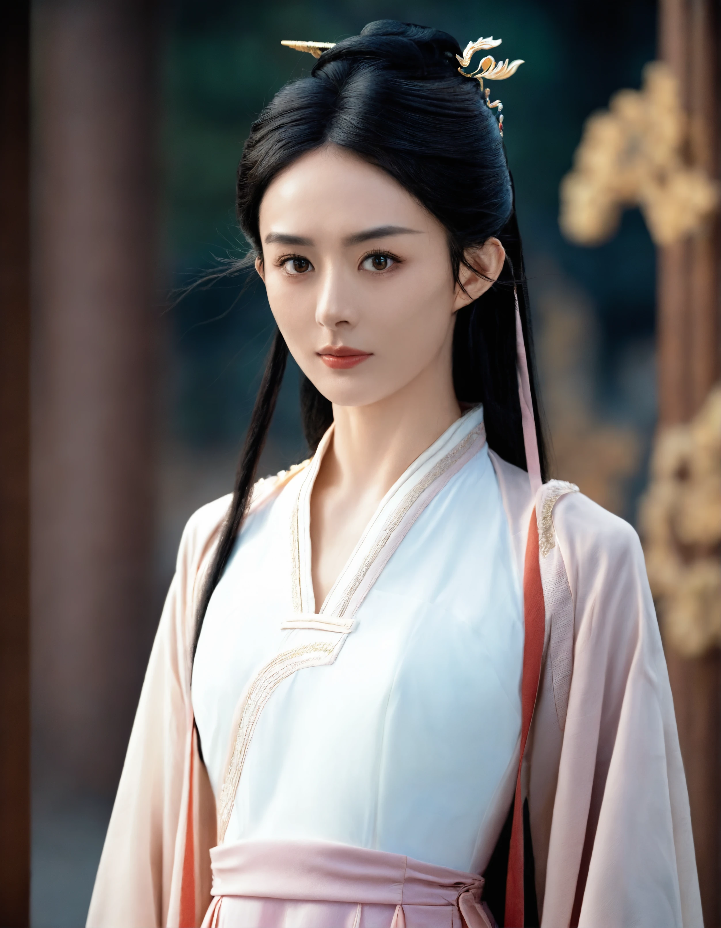 score_8_up,ZHAOLIYING, medium shot,solo, the image depicts a young woman with a fair complexion,sleek black hair styled neatly, adorned with a decorative gold hairpin ,from front, looking at viewer,She is dressed in traditional Chinese-style attire,white top, paired with a pale pink skirt that is cinched at the waist with delicate golden floral accents,Her makeup is refined,subtle eye makeup that enhances her gaze.The background appears blurred,while her posture looks dignified and elegant