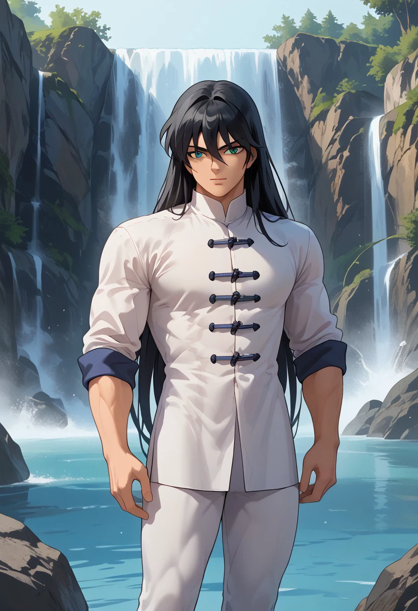 score_9, score_8_up, score_8, score_9, masterpiece, ultra high quality, hd render, male focus, Shiryu, long hair, black hair, bangs, long bangs, hair between eyes, grey green eyes, light skin, chinese boy, chinese clothes, white shirt, shirt with ties, long shirt, white pants, black footwear, 
handsome boy, narrow features, muscular body, standing, dynamic pose, dynamic shot, looking at viewer, waterfall background, hd render, high quality,