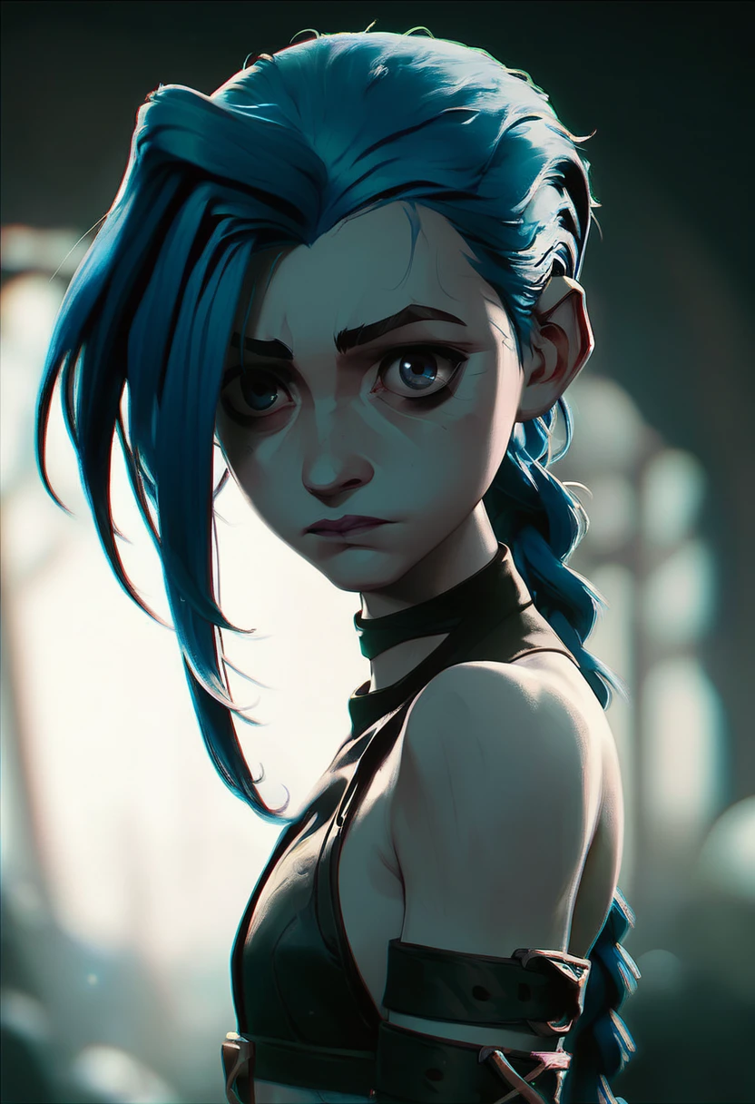 score_9, score_8_up, score_7_up, score_6_up, ARKN2, 1girl, solo, bangs, long hair, braid, blurry, blurry background, asymmetrical bangs, bare shoulders, blue hair, blue eyes, twin braids, closed mouth, shiny, jinx