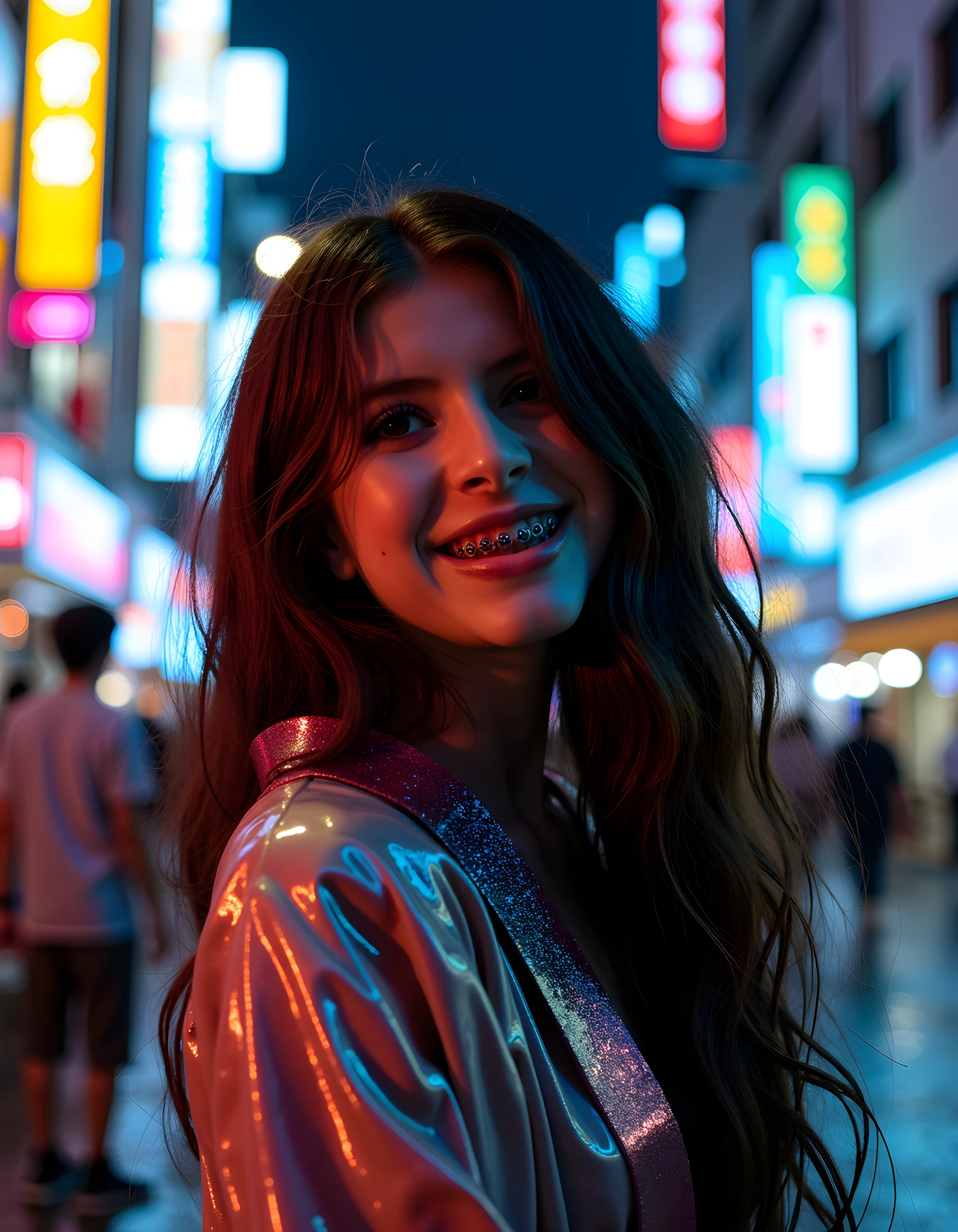 In a surreal, neo-noir scene set within the heart of a vibrant, rain-soaked Tokyo metropolis at twilight, the camera focuses on JUL14V - a woman with a cascade of long, dark curls that shimmer under the reflection of neon lights. Her captivating smile illuminates her face as she turns slightly to reveal an intricate, metallic tooth grill adorning her teeth. Dressed in a striking, futuristic kimono made of iridescent silk, the outfit is accentuated by the contrasting rain-soaked streets and the glaring city lights that create a dynamic interplay of light and shadow. Her pose exudes confidence and resilience as she gazes out into the distance, her eyes reflecting the shimmering neon lights, creating an enigmatic and captivating portrait. The emotional tone is one of defiance and strength amidst the chaos of the city, a testament to the enduring spirit of humanity in the face of adversity.