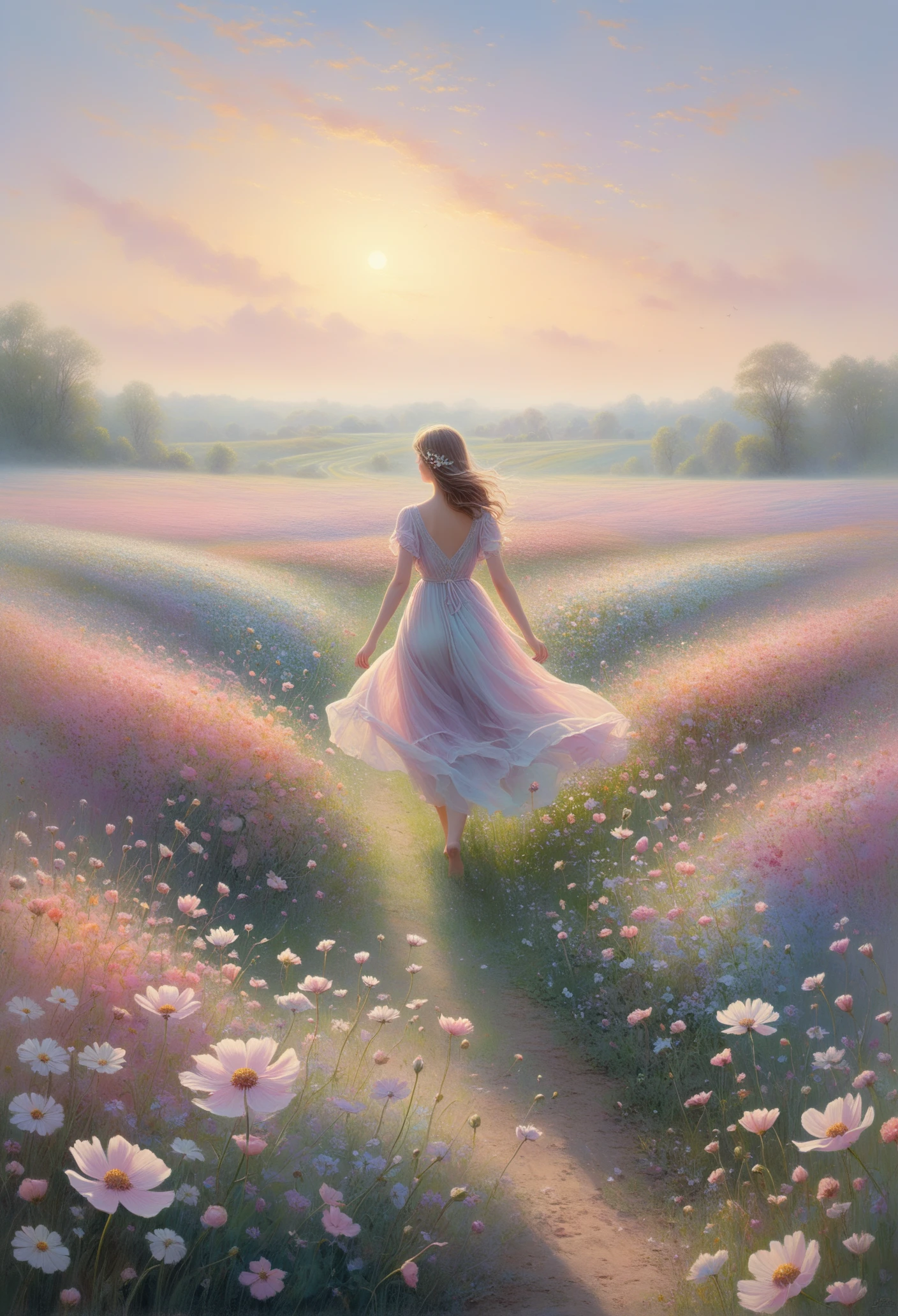 Dreamy flower field, (soft pastel hues) of blooming flowers, a (lone figure) walking through the blooms, a (gentle breeze) causing petals to dance in the air, the sky painted with (soft morning light), serene and tranquil, the scent of flowers filling the air, a sense of natural beauty and peaceful solitude, ethereal and calming. A24 style, Scene from a film, OverallDetailXL