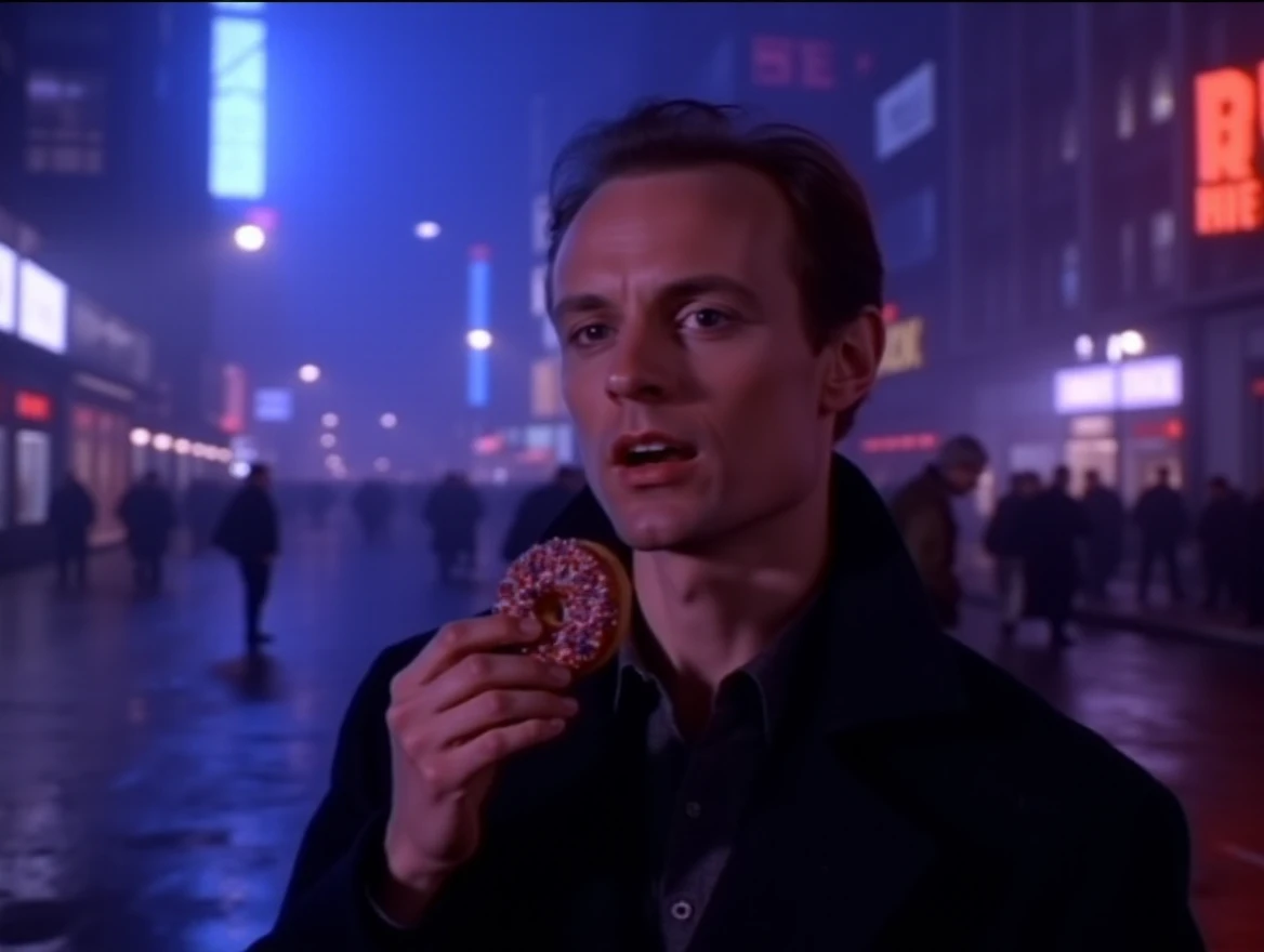 edison eating a donut with sprinkles on the city street; the city is a messy neon cyperpunk dystopian nightmare