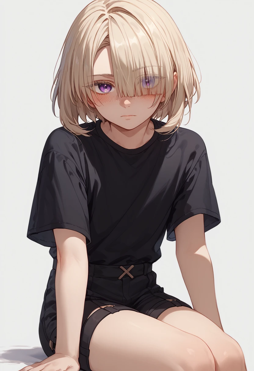 score_9, score_8_up, score_7_up, score_6_up, score_5_up, score_4_up, 

freminet, solo, 1boy, male focus, crossed legs, sitting, blush, shorts, hair over one eye, looking at viewer, shirt, eyes visible through hair, short sleeves, white background, purple eyes, closed mouth, black shirt, simple background, medium hair