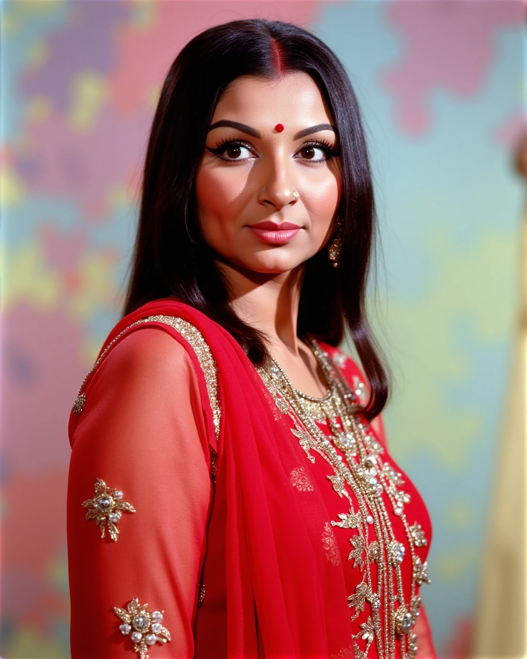 cowboy shot photo of Sharmila Tagore woman,candid photo with natural colors, pouting expression on face,studio quality, wearing intricate conservative sleeveless Red Kashmiri Pashmina Suit, straight hair, pastel shaded multicolored background, cinematic soft lighting<lora:TestBed\Sharmila_Tagore_2024_Flux_Kohya_LoRA_v1-000004.safetensors:0.8:0.8>