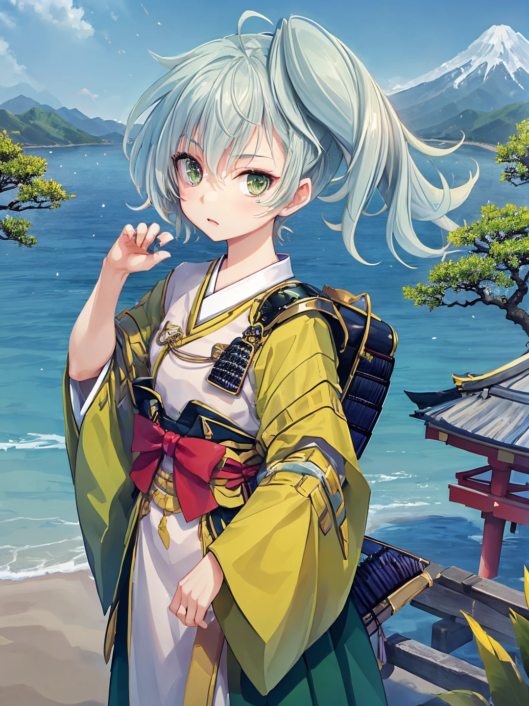 <lora:Kobayakawa_Takakage_ONnY_0R:0.7>
kobayakawatakakage, green hair, short hair, side ponytail, green eyes
japanese clothes, hakama, armor
masterpiece, best quality, ultra-detailed, detailed, detailed skin, absurdres, 8k, digital art
1girl, solo, facing viewer, standing, looking at viewer, standing, cowboy shot
(outdoors, feudal japan, village, rural, ocean, mountain, bonsai, hut)