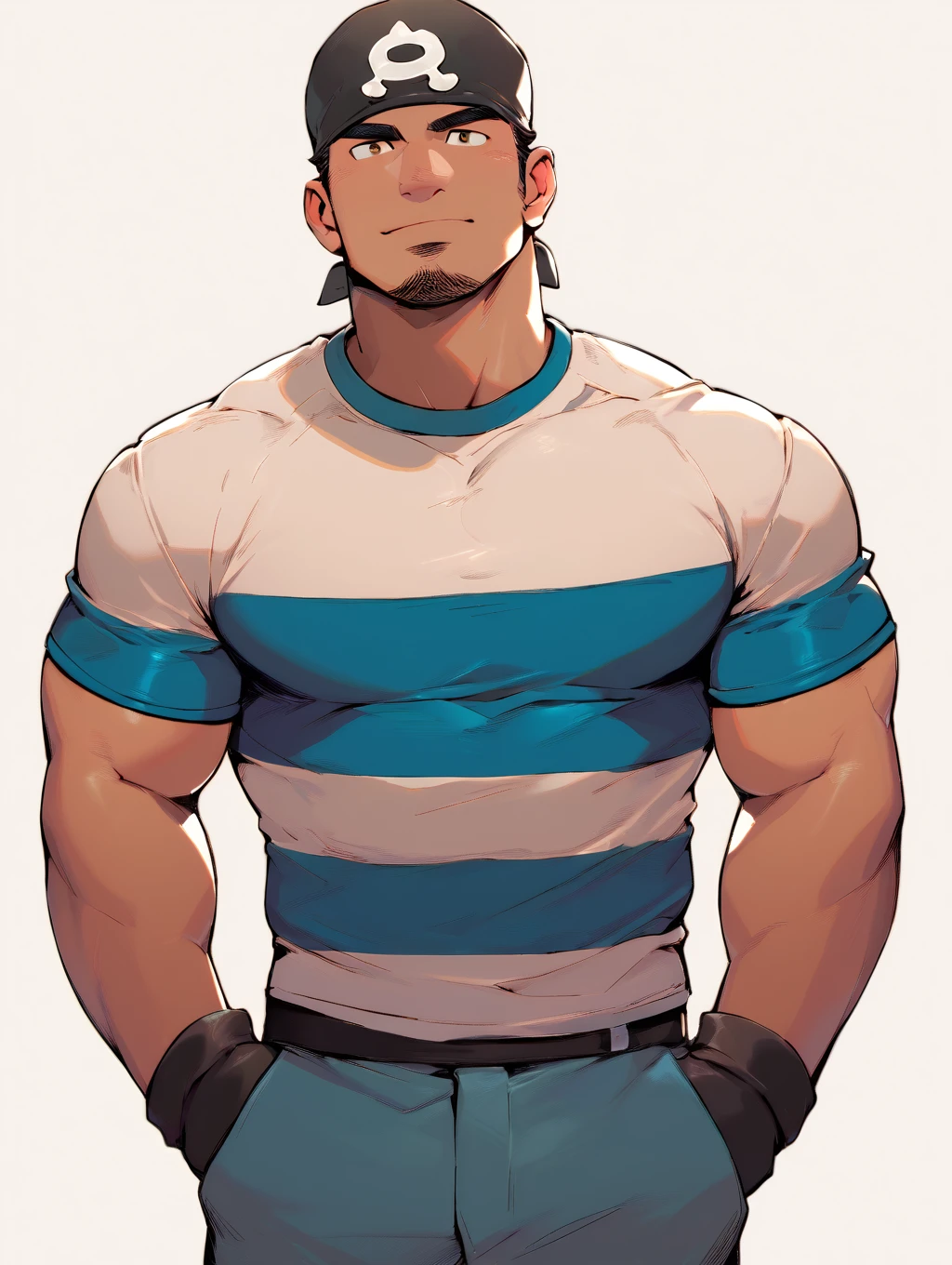 solo, teamaquamalegrunt, striped shirt, bandana, long pants, white background, looking at viewer, black gloves, standing, tan, muscular, bara, hands in pocket, brown eyes <lora:Team_Aqua_Grunt_Male_PonyXL-09:0.93>, score_9, score_8_up, score_7_up, score_6_up,