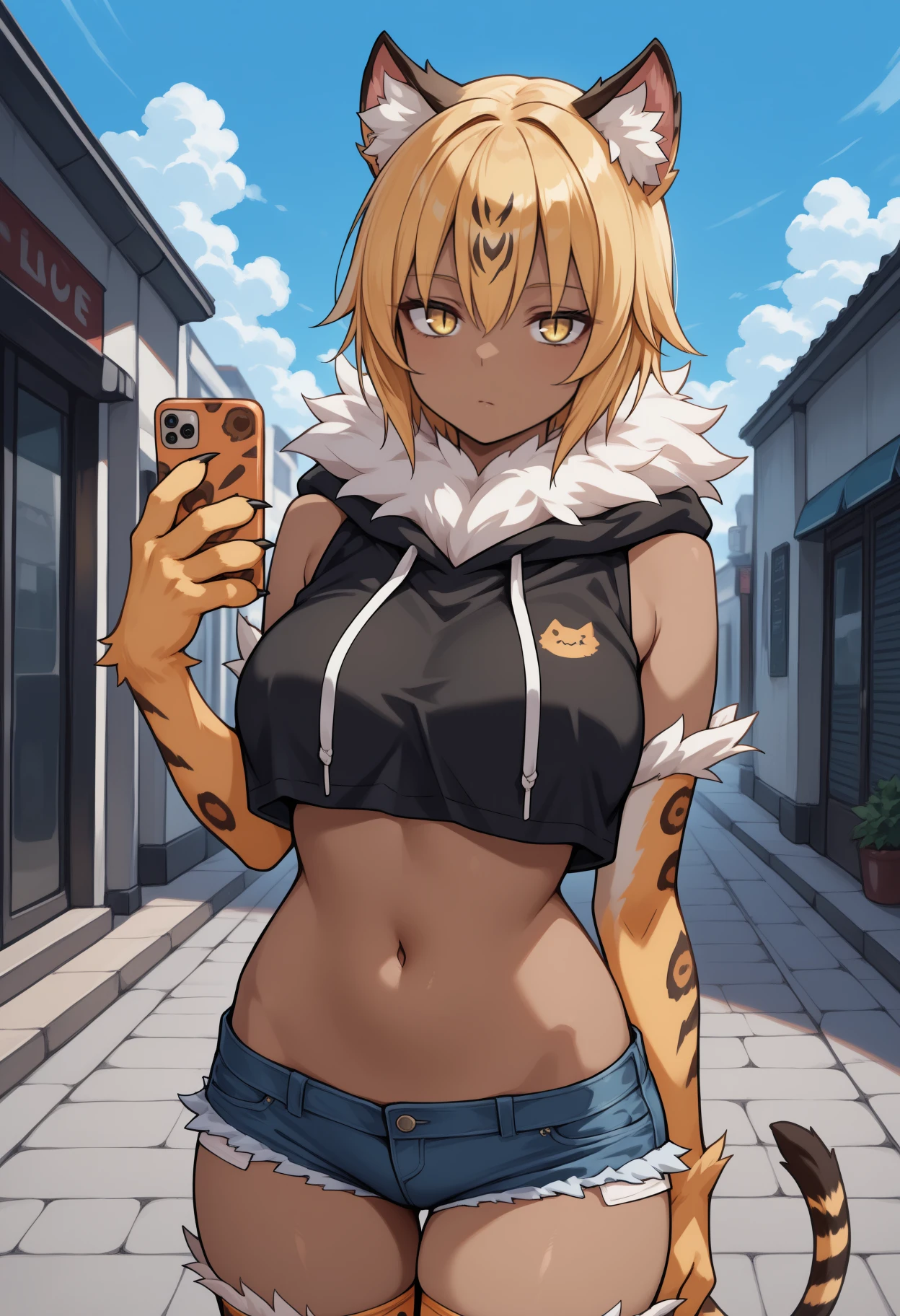 masterpiece, best quality, <break> solo, 1girl, ocelomeh, dark-skinned female, animal hands, claws, tail, expressionless, looking at viewer, standing, holding phone, short hair, blonde hair, animal ears, animal ear fluff, yellow eyes, slit pupils, fur collar, neck fur, black hoodie, cropped hoodie, sleeveless, hood down, drawstring, denim shorts, micro shorts, cutoffs, orange thighhighs, print thighhighs, stomach, navel, large breasts, outdoors, blue sky, cloud, sidewalk
<segment:yolo-Anzhc Face seg 640 v2 y8n.pt,0.4,0.5//cid=1>