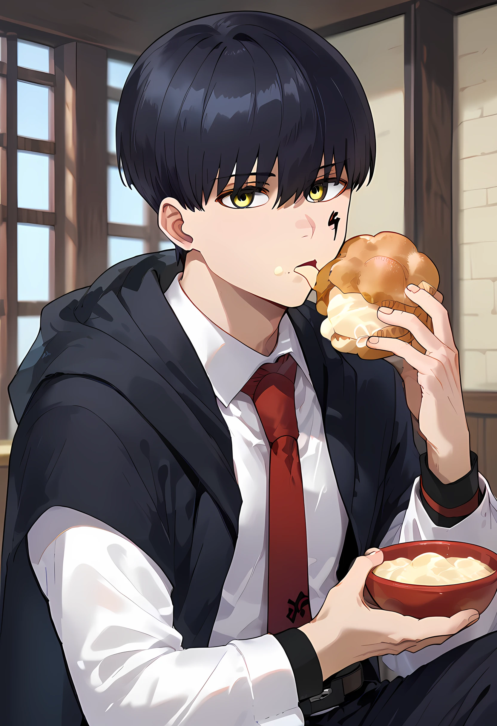 score_9, score_8_up, score_7_up, score_6_up, Mashleai, male focus, bangs, black hair, yellow eyes, bowl cut, facial tattoo, hair between eyes, shirt, long sleeves, white shirt, necktie, collared shirt, belt, pants, formal, suit, red necktie, cloak, black cloak, wide sleeves, mashle, mash burnedead, holding, food, eating, cream puff <lora:Cream_puff:1>  <lora:Mashle_XL:1>