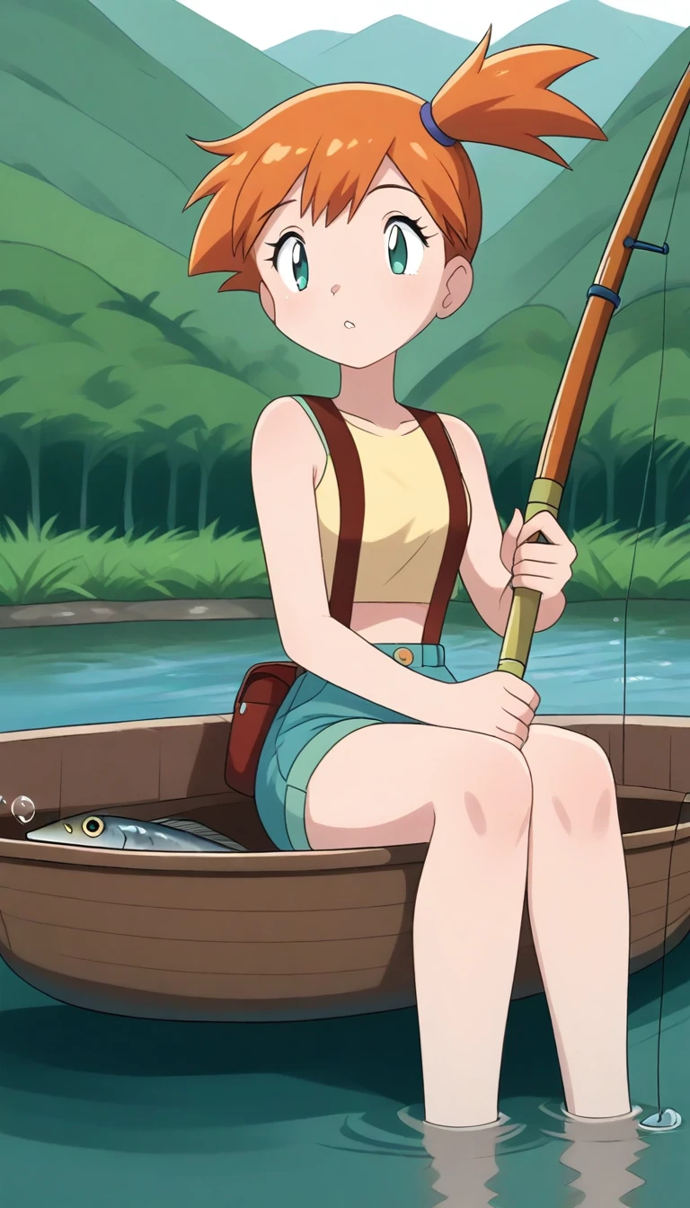 best quality, masterpiece, mistykasumi1x, focused, sitting in a small fishing boat, lake, holding fishing rod, fish, outdoors <lora:Misty_Illustrious:1>