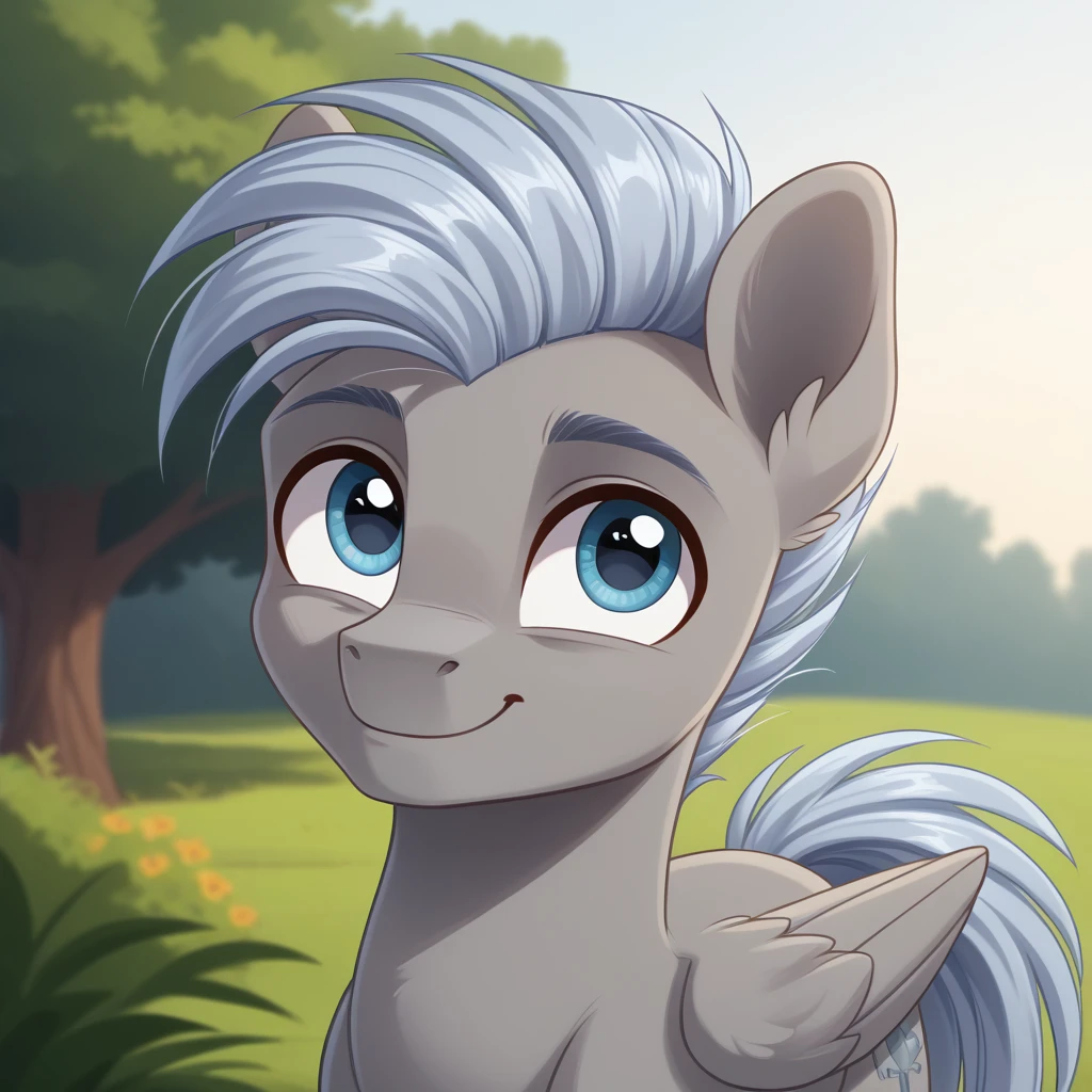 score_9, score_8_up, score_7_up, g4, cartoon, my little pony, source_pony, cute, solo, male, stallion, pegasus, pegasus wings, chipcutter_(mlp), grey body, azure eyes, light blue grey hair, fauxhawk, light blue grey tail, happy, smile, closed mouth, looking at you, high res, detailed, beautiful, detailed, detailed fur, beautiful, detailed pony face, portrait, outdoors,,