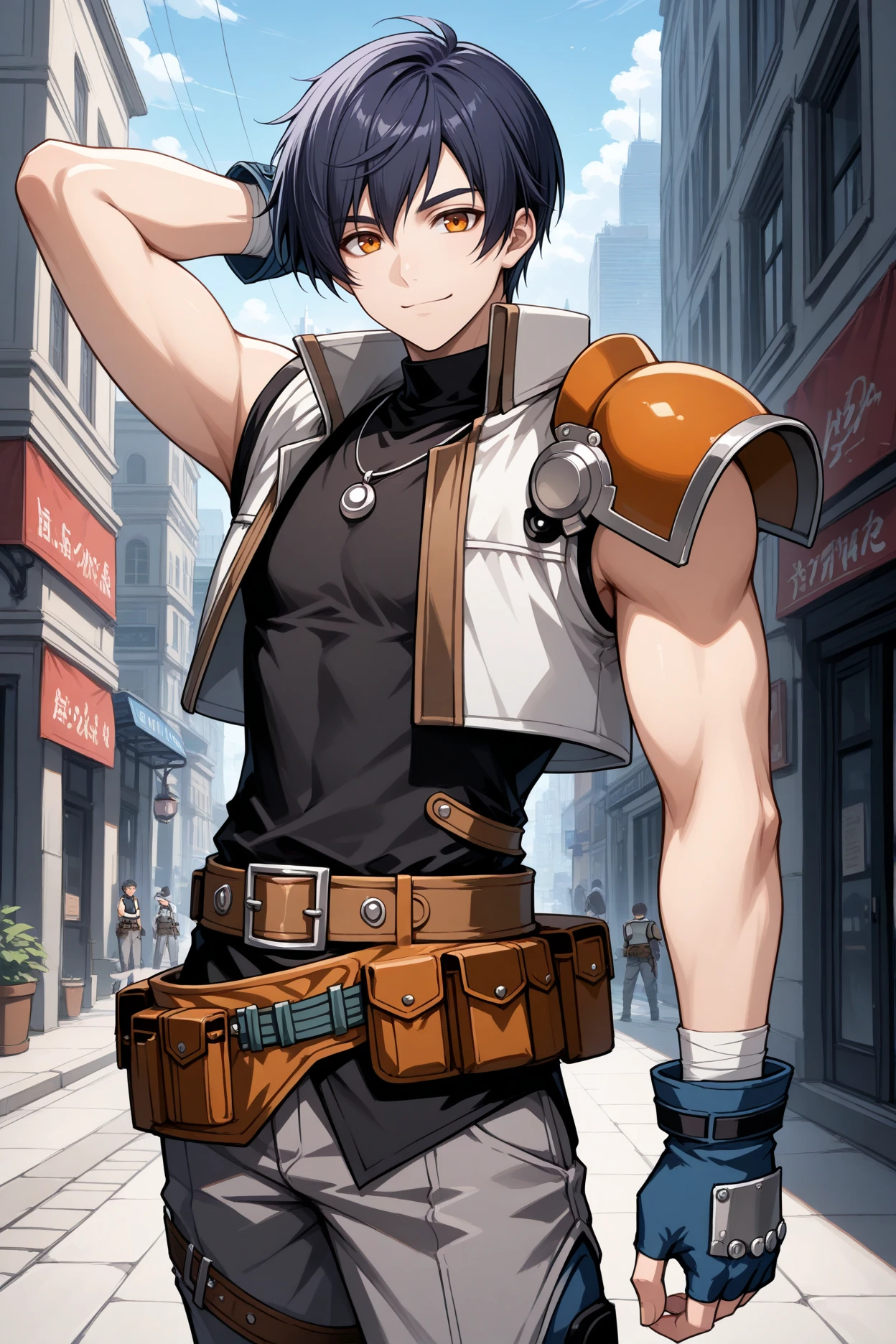 masterpiece, best quality, 1boy, male focus, solo <lora:joshuabright-illu-nvwls-v1-000006:1> zJsha, black hair, short hair, amber eyes, black shirt, turtleneck, sleeveless, necklace, white vest, single shoulder pad, brown belt, belt pouch, blue gloves, fingerless gloves, grey pants, city street, city, blue sky, arm behind head, looking at viewer, happy