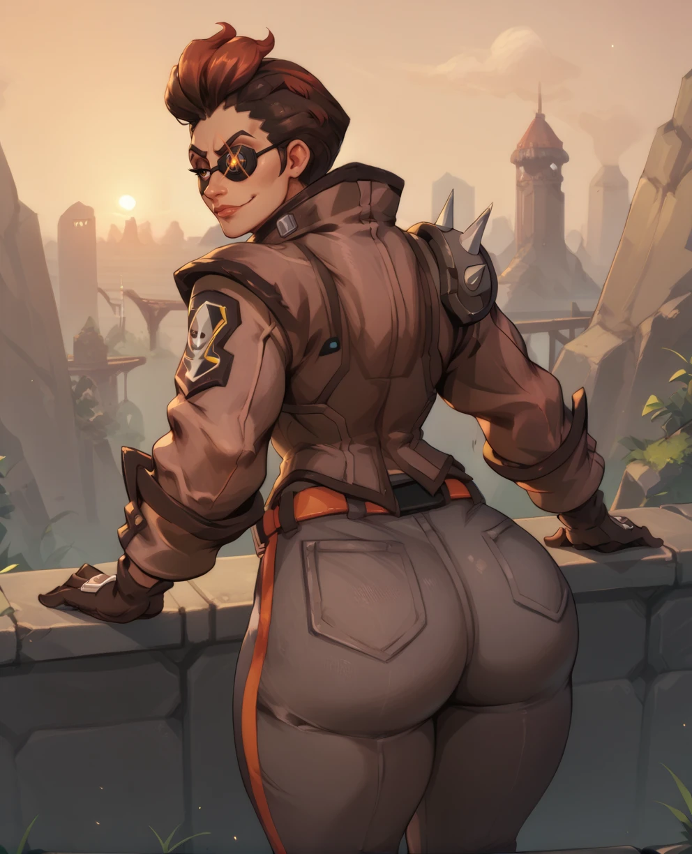 score_9,score_8_up,score_7_up,score_6_up,
reynaxl,multicolored hair,eyepatch,brown eye, pompadour, 
brown jacket,gloves,pants,bent over,smug,
hips,belt,thick thighs,
ass,science fiction,
outdoors,evening,
solo,<lora:reynaxl:0.9>,