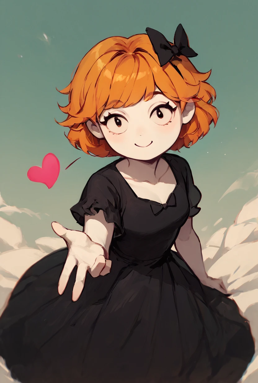 score_9, score_8_up, score_7_up,  looking at viewer, smiling,  <lora:derpina-10:1> derpina, 1girl, short hair, hair bow, medium hair, orange hair, black dress,, white skin,long dress,  <lora:frieren_blowing_a_kiss_pony:1> blowing kiss, heart