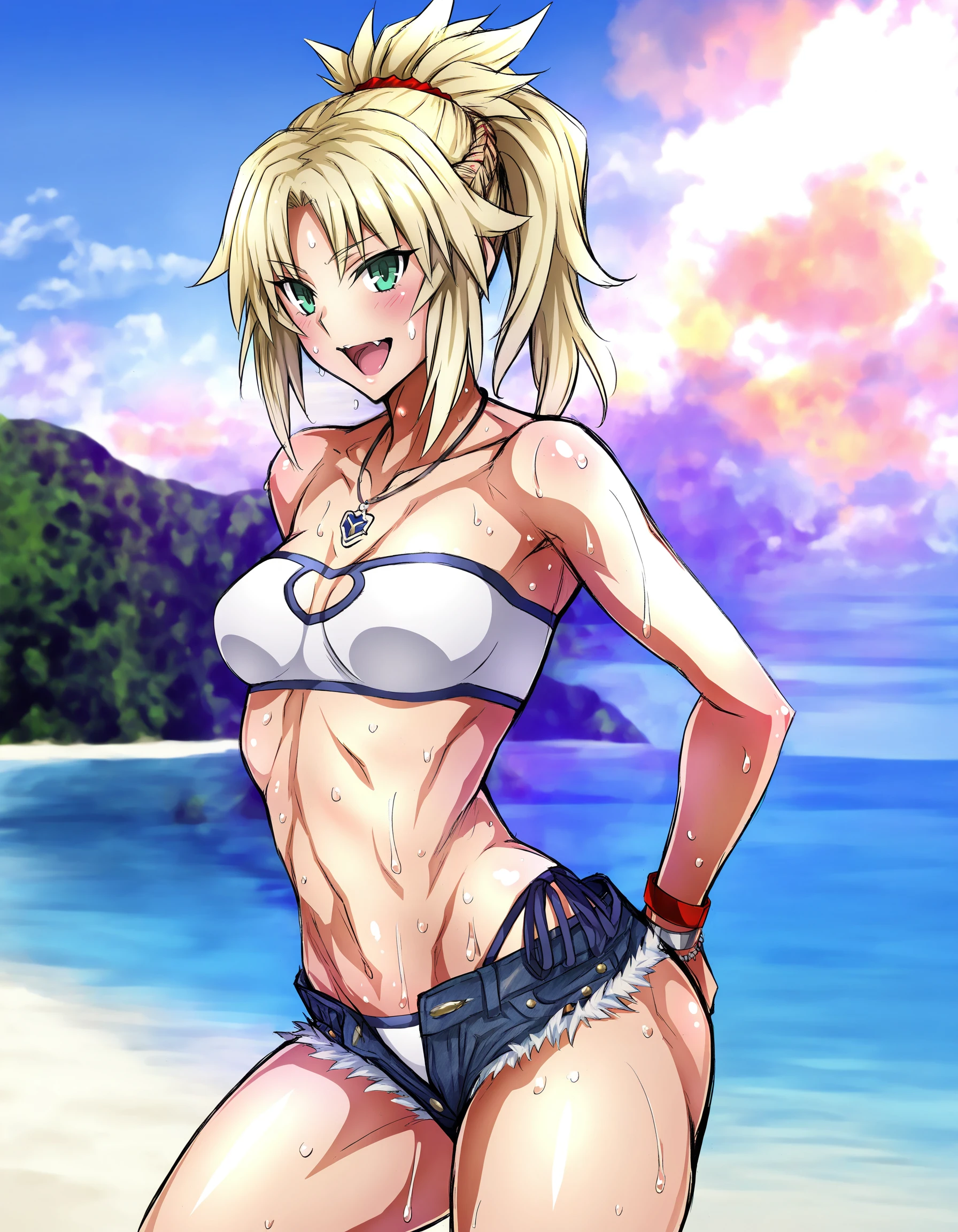 andouhiro, andou_sketch, fate/grand order, mordred, blonde hair, short ponytail, hair scrunchie, sidelocks, green eyes, blushing, sweating, mouth open, necklace, medium breasts, petite, standing, arms behind back, strapless bikini, white bikini, shorts, denim shorts, 1girl, beach background , detailed, detailed face, safe for work ((masterpiece,best quality,absurdres,highres)),  <lora:andouhiro-nai-000036:0.9>