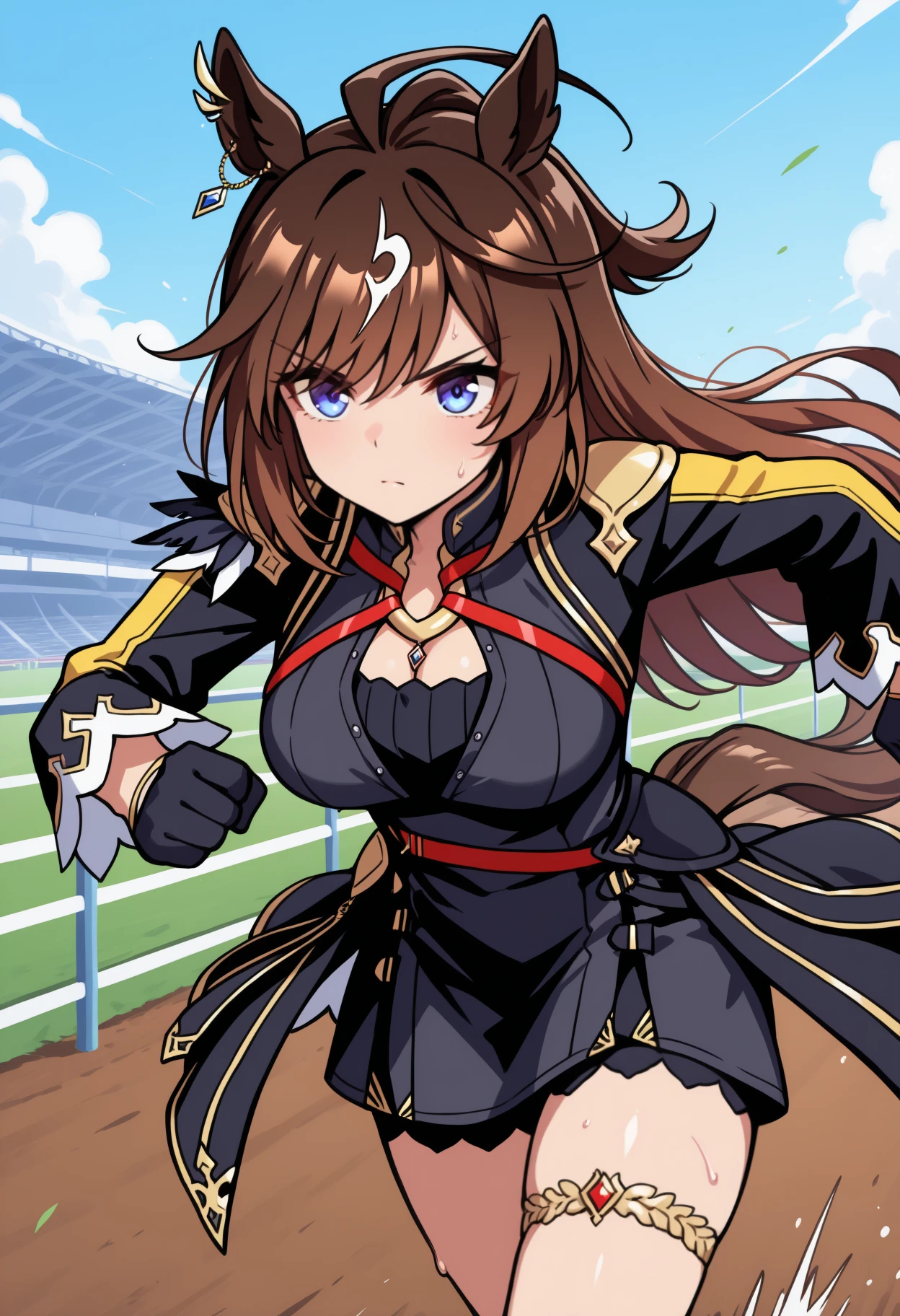 masterpiece, best quality, <break> solo, 1girl, duram3nte, horse tail, sweat, serious, running, long hair, streaked hair, brown hair, white hair, ahoge, hair between eyes, horse ears, ear ornament, blue eyes, black jacket, open jacket, long sleeves, short dress, black dress, black gloves, thigh strap, cleavage, outdoors, racetrack
<segment:yolo-Anzhc Face seg 640 v2 y8n.pt,0.4,0.5//cid=1>