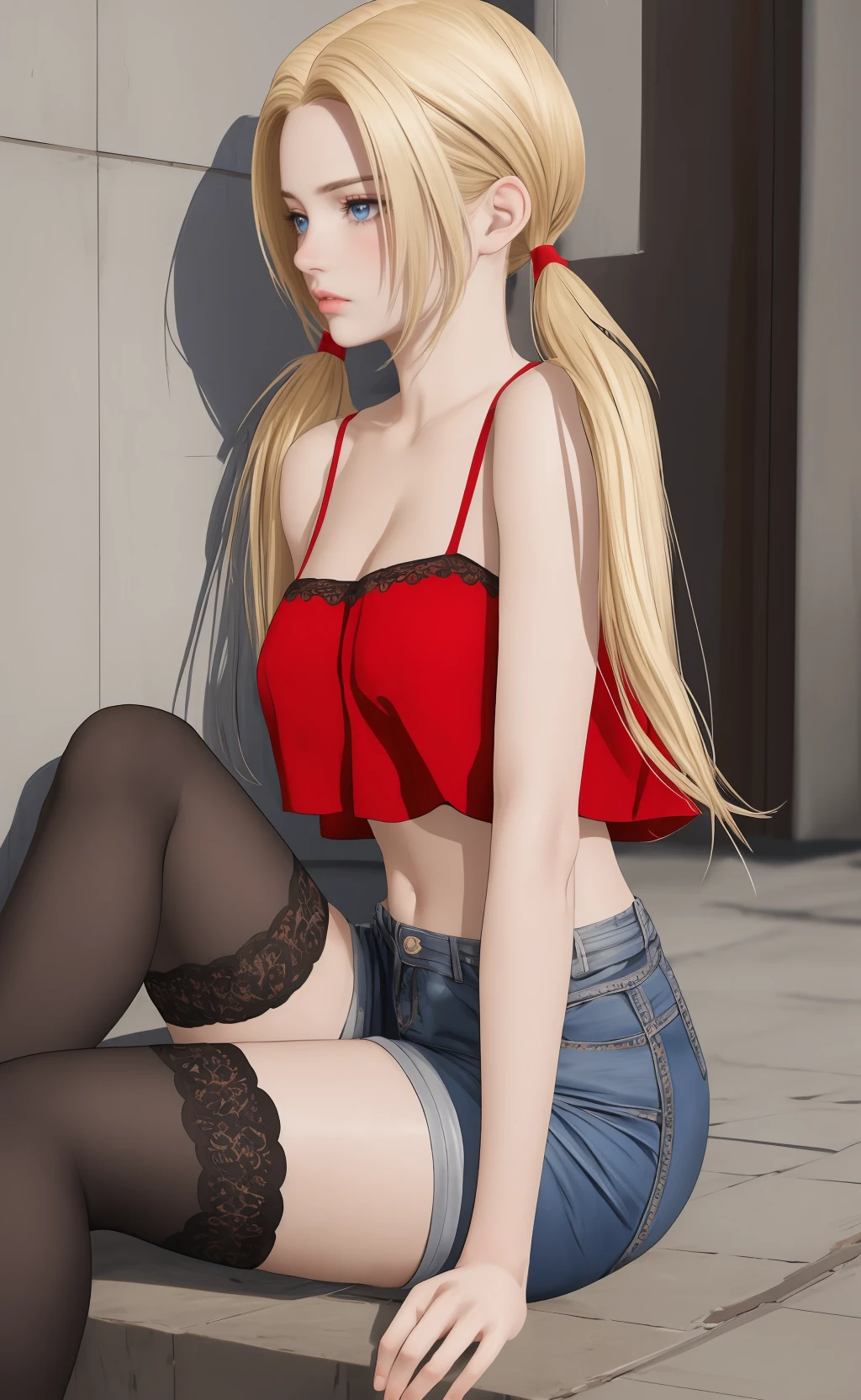 masterpiece,8k high quality detailed,highres,anime,<lora:velvia:0.6>,(solo:1.2),style \(photograph\),
<lora:AI_Girl_006:0.65>,1girl,blonde hair,long hair,twintails,low twintails,lips,blue eyes,medium breasts,camisole,red_camisole,crop top,midriff,denim,shorts,denim shorts,thighhighs,lace-trimmed legwear,black thighhighs,red footwear,high heels,detailed_face,(Pensive, Eyes focused inward, brow furrowed, and lips pursed.),(Sitting cross-legged on the floor looking away),
<lora:more_details:0.4>,realistic clothing texture,realistic_skin_texture,