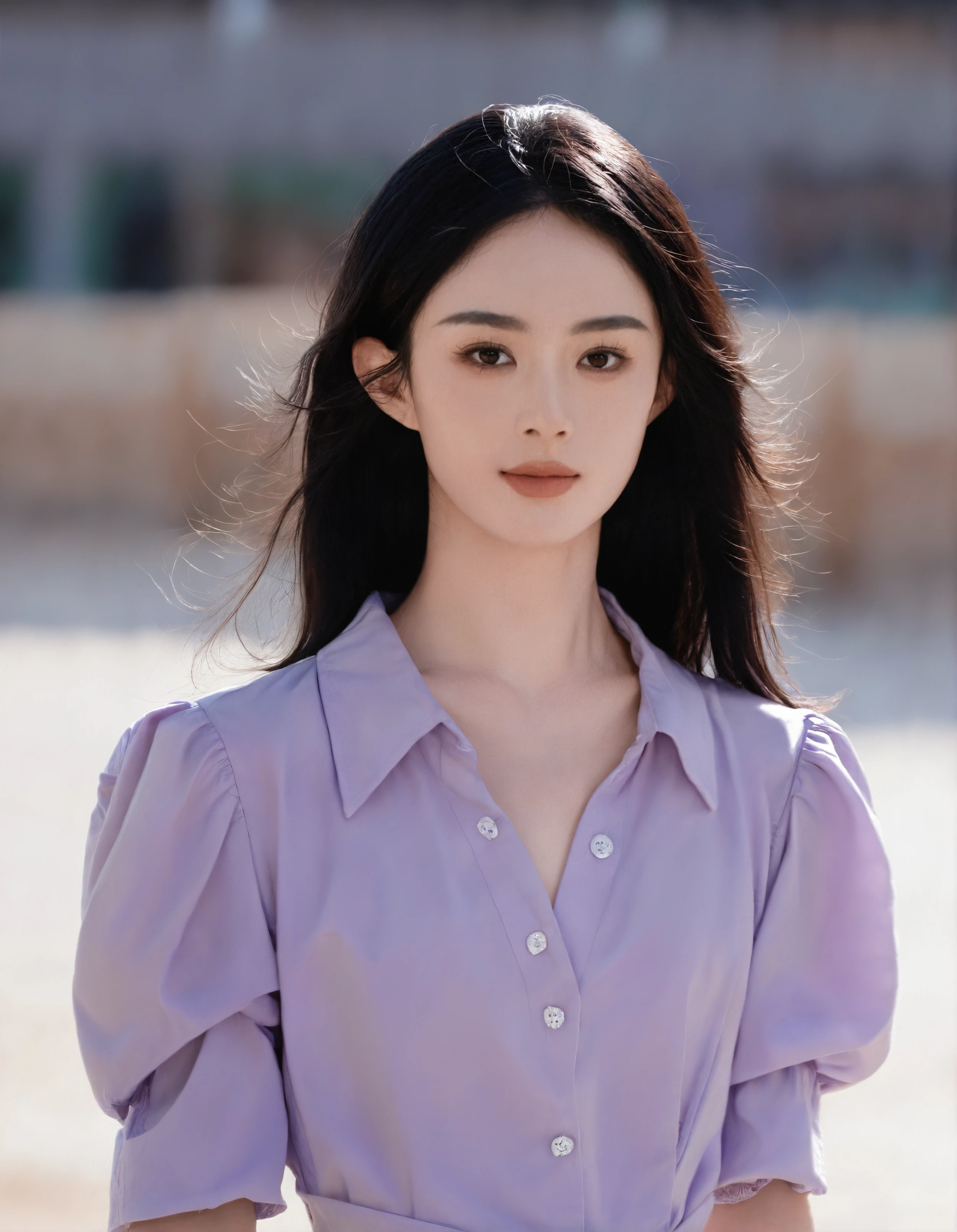 score_8_up,ZHAOLIYING, cowboy shot,solo, the image depicts a young woman with a fair complexion, She has straight, long black hair that frames her face,from front, looking at viewer,She is dressed in a light purple blouse, buttoned neatly with rolled-up sleeves, complemented by a subtle, natural makeup look that enhances her features—especially her expressive dark eyes and soft lips, which are slightly parted in a serene expression,The background appears blurred,while her posture looks dignified and elegant