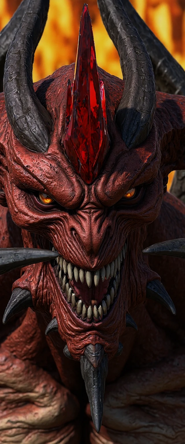 Breathtaking photography of DiabloII , dark and scary, demon, red crystal on forehead, pointy and sharp teeth, extreme face close-up, flame in background, (perfectly sharp:1.3), realistic textures, (deep focus, focus on background:1.5), 8k uhd, dslr, ultra high quality image, film grain, Fujifilm XT3