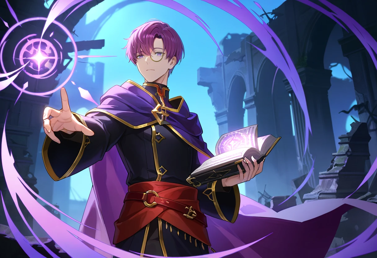 masterpiece, best quality, 1boy, male focus, solo,  black robe, purple cape, purple eyes, purple hair, monocle, red sash, gold trim, bangs,  <lora:canas-ilxl-t1:1>, holding book, scenery,  casting spell, ruins