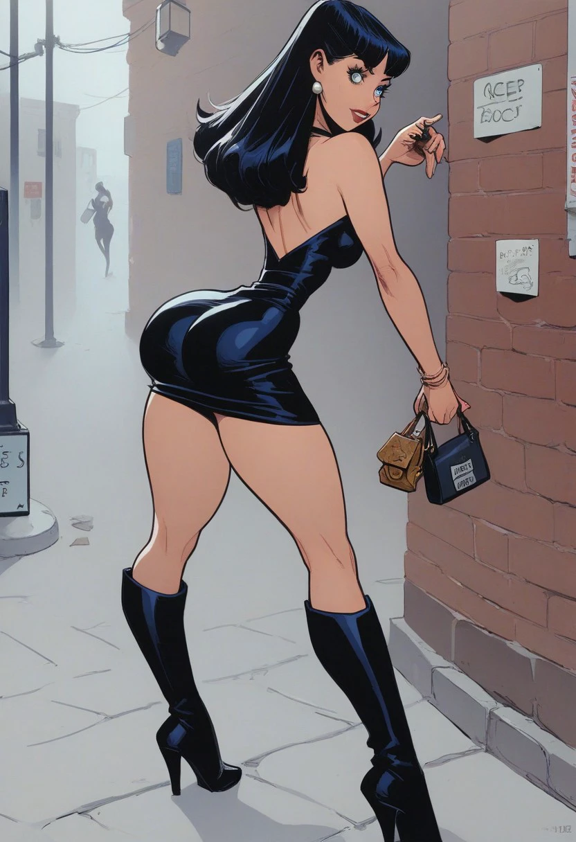 score_9_up, score_8_up, score_7_up, source_cartoon, 1girl, solo, prostitution on the street a prostitute is standing at a street,small bag,  cornersexy, hooker, black hair, blue eyes, black dress, high boots, long hair, pompadour, mature, sexy pose,
bubble ass