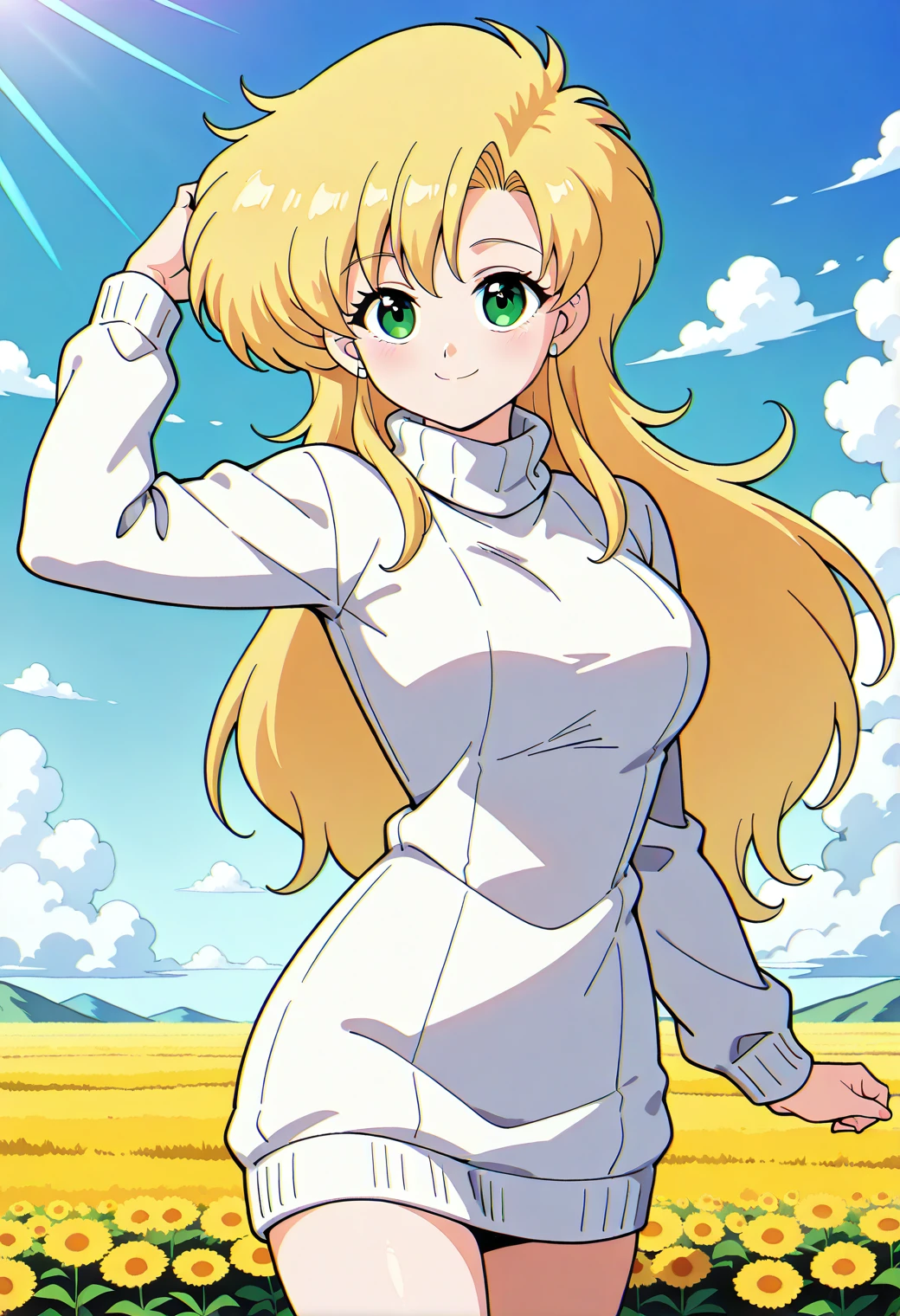 aretha_materia, retro artstyle, green eyes, blonde hair, long hair, white sweater, sweater dress, ribbed sweater, turtleneck, long sleeves, <lora:aretha_materia_illustrious_ver1:0.8> 
smile,, masterpiece, best quality, general,, 1girl, solo, (field:1.2), (blue sky:1.2), looking at viewer,, (cowboy shot, dynamic pose:1.4),