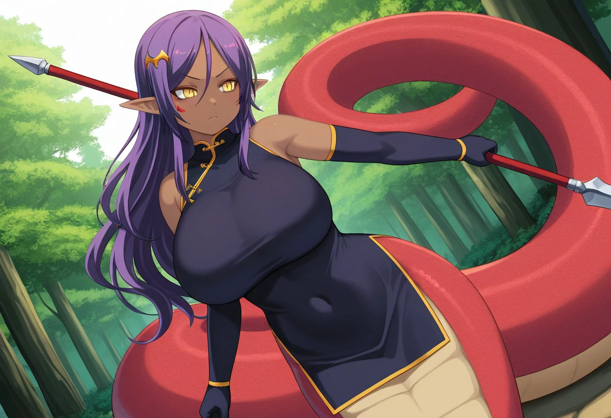 score_9, score_8_up, score_7_up, score_6_up, high resolution, gorgeous, absurdres, best quality, anime screencap, source_anime, 1girl, Ophelia, dark-skinned female, purple hair, long hair, hair ornament, yellow eyes, massive breasts, wide hips, monster girl, lamia, snake tail, red tail, slit pupils, pointy ears, scales, dress, cheongsam, shoulder gloves, shiki /(psychedelic g2/), official art, outdoors, forest, spear, fighting, serious face, solo