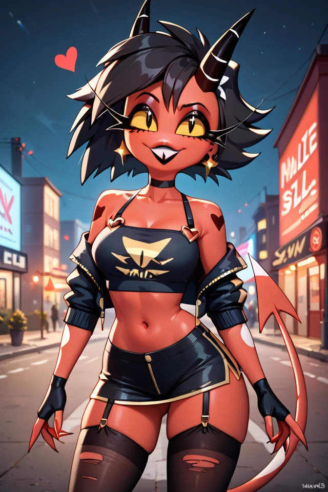 score_9, score_8_up, 1girl, smile, solo, cute, (millie), imp, black hair, short hair, red skin, yellow sclera, slit pupils, horn, demon tail, millie_(helluva boss), helluva boss, midriff, choker, off shoulder, shoulder straps, fingerless gloves, ripped pants, looking at viewer, standing, detailed background, depth of field, outdoors, big breasts, seductive smile, seductive face, sexy, cute, kawaii, erotic, ultra detailed eyes, ultra detailed face, ultra detailed skin, ultra detailed body, beautiful hands, perfect hands, <lora:Millie ApexAi PonyXL-10:1>, beautiful, masterpiece, high resolution, detailed eyes, big eyes, long hair, double bun, makeup, earrings, bracelet, jewelry, choker, crop top, cropped jacket, o-ring, skirt, thighhighs, claws, garter straps, standing, cowboy shot, bedroom eyes, seductive stare, floating hearts, Expressiveh, g0thicPXL, glowing, neon, claw_(weapon), weapon,