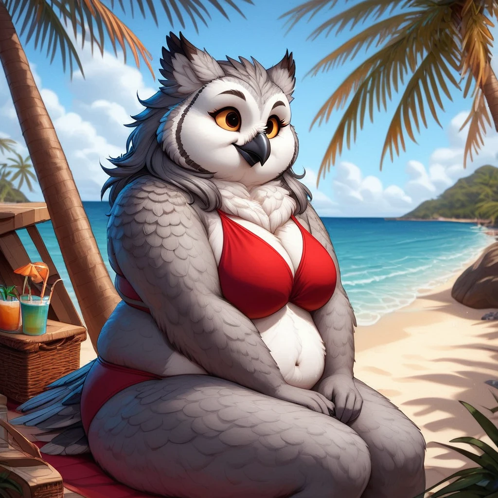 Ponyscores7, expressiveh, perfect face, perfect eyes, detailed face, detailed eyes, female owlbear, anthro owlbear, white federpelz, grey federpelz, two toned federpelz, yellow sclera, black beak, sitting, beach, sideview, red bikini, bbw, palm trees, ocean, smile, closed mouth