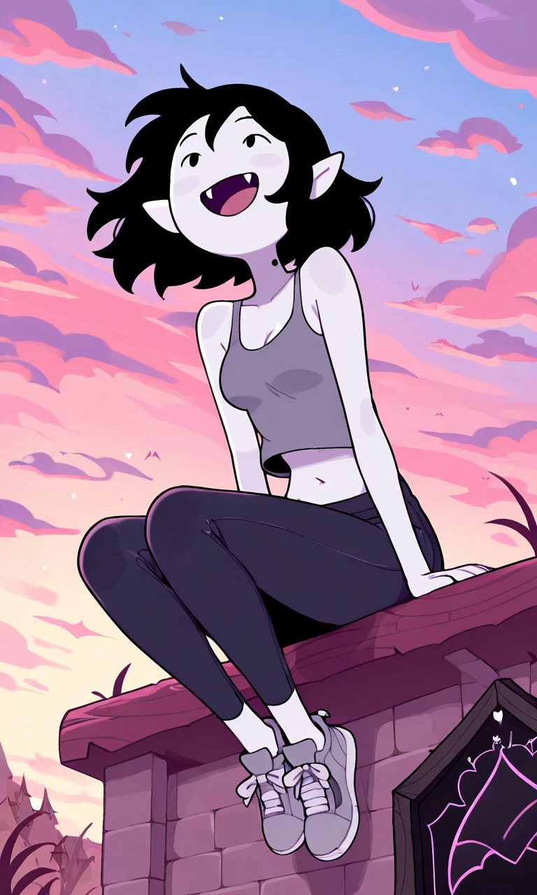 adventuretime_marceline, ((masterpiece,best quality)), ((1girl,vampire,solo,black hair,pointy ears,black eyes,fangs,grey skin)), ((short hair,grey tank top,navel,slate pants,grey sneakers)), ((smile,open mouth,looking up,sitting)),((outdoors,clouds,wind)), <lora:adventuretime_marceline:1>