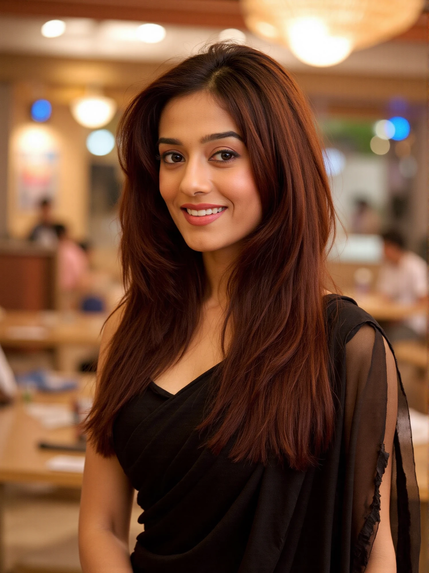 A dazzling shot of a woman smiling with long dark brown hair standing, a black sleeveless saree in a nicely lit cafe. Her eyes are wide open, and her lips are pink. and the womans hair cascades over her shoulders,amritar