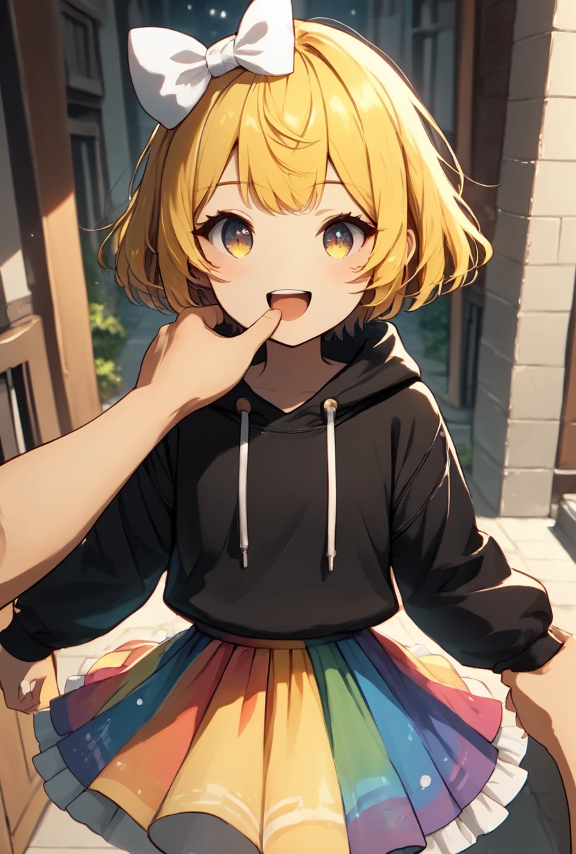 <lora:xmattarchan-10:1> xmattarchan, short hair, skirt, long sleeves, bow, black hoodie, yellow hair, white bow, multicolored skirt, looking at viewer, smiling,  fiday <lora:Fang_Inspection_Day-PonyXL-1024px:1> fiday, 1girl, solo (or solo focus), [optional pose], pov, open mouth, pov hands, finger in another's mouth, score_9, score_8_up, score_7_up, masterpiece, best quality