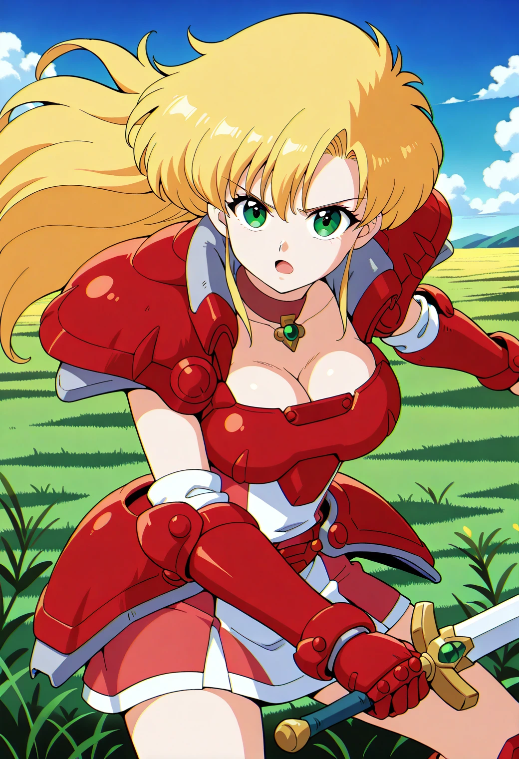 aretha_materia, retro artstyle, green eyes, blonde hair, long hair, choker, cleavage, red armor, shoulder armor, gauntlets, pauldrons, skirt, <lora:aretha_materia_illustrious_ver1:0.8> 
dynamic pose, fighting stance, serious, open mouth, holding sword, holding weapon,, masterpiece, best quality, general,, 1girl, solo, (field:1.2), (blue sky:1.2), looking at viewer,