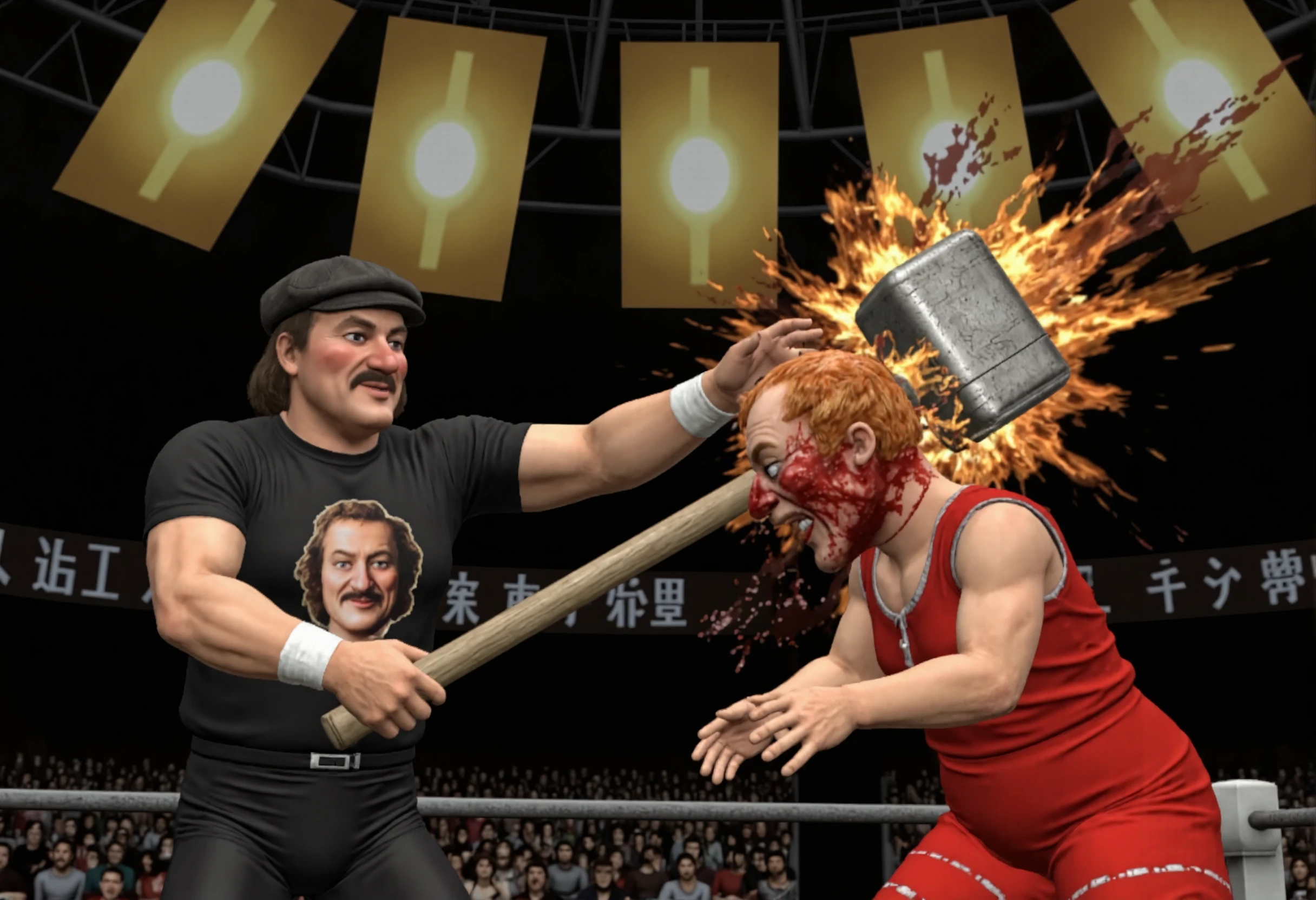 hilarious, tragi-comedy snuff, Screenshot from a low poly wireframe graphics wrestling videogame, (a mustached Gallagher in a flat cap and t-shirt with his own face on it and dark hair is swinging a flaming Sledge-O-Matic sledgehammer with both of his hands  holding it at the end), rupturing the head of a creepy ginger old lady doll puppet in a red rags dress into a burst of gore, in the Tokyo Dome. , bloody festivity of graphic injury, suffering, gore, intricate, disturbing values