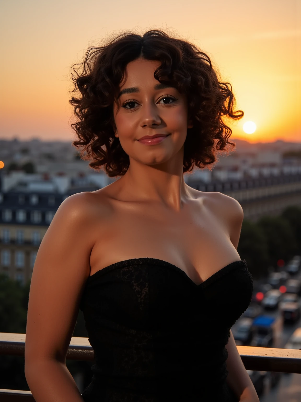 <lora:Lena-Mahfouf-situations_flux1D_LOREVER:1.3>
This is a high-quality photograph of Lena, a young woman with a medium skin tone and curly, shoulder-length hair. She has a slender build and is wearing a strapless, black dress with a subtle floral pattern. On a parisian balcony, by sunset, perfect contrasts, detailed in shadows as in highlights, cinematic effect