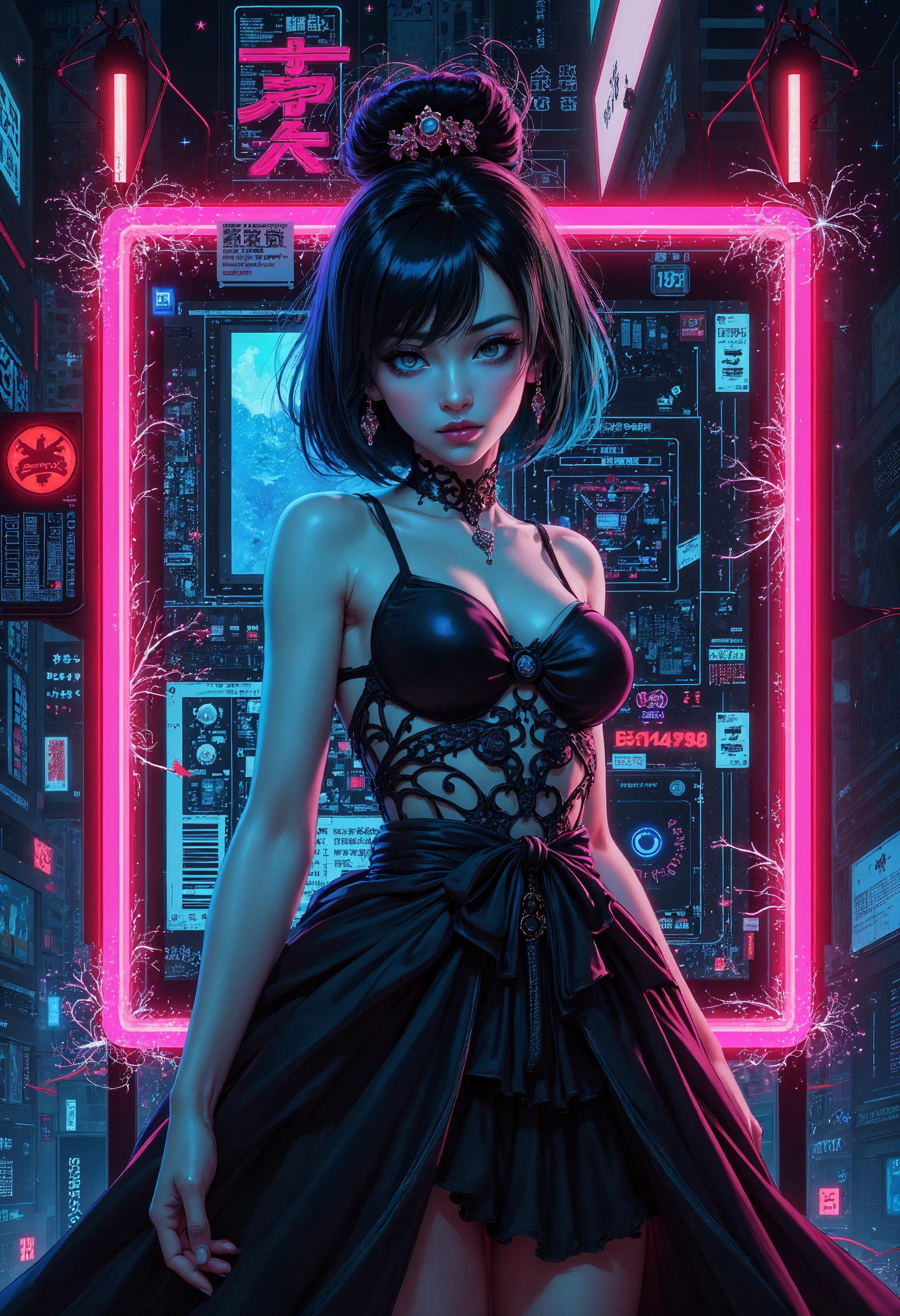 (in Otomo Katsuhiro style:1.2), masterpiece, high-quality, An electric poet, her form an outline of neon wires against a dark backdrop, each line flowing in calligraphic strokes as if shes made of flowing ink, Shes surrounded by floating glowing symbols that shift with her movements like characters in an illuminated manuscript forming abstract poetry in the air, neon calligraphy, electric verse, illuminated symbols, (Stylized neon minimalism with flowing linework and a dark, high-contrast palette:1.1), (elaborate fine details:1.1), (hyperdetailed:1.1), (intricate details:1.0), (Refined details:1.1), (best quality:1.1), (high resolution:1.2),