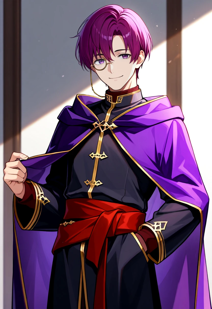 masterpiece, best quality,  1boy, male focus, solo ,  black robes, purple cape, purple eyes, purple hair, short hair, red sash,  gold trim, bangs,  <lora:canas-ilxl-t1:1>, monocle, casual,  [mature male:0.3], smile,